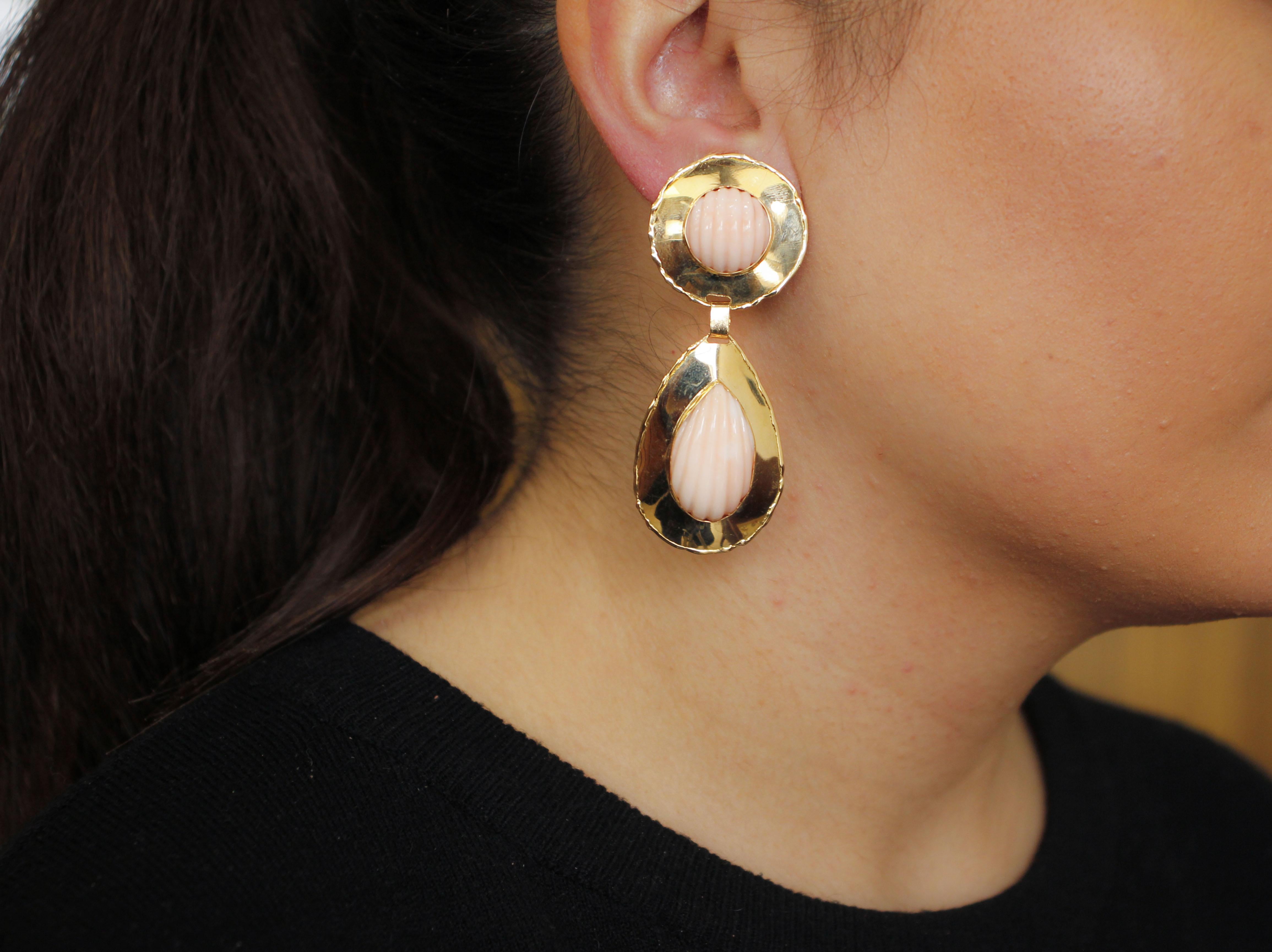 Engraved Pink Coral Spheres and Drops, 18K Yellow Gold Dangle Clip-on Earrings 1