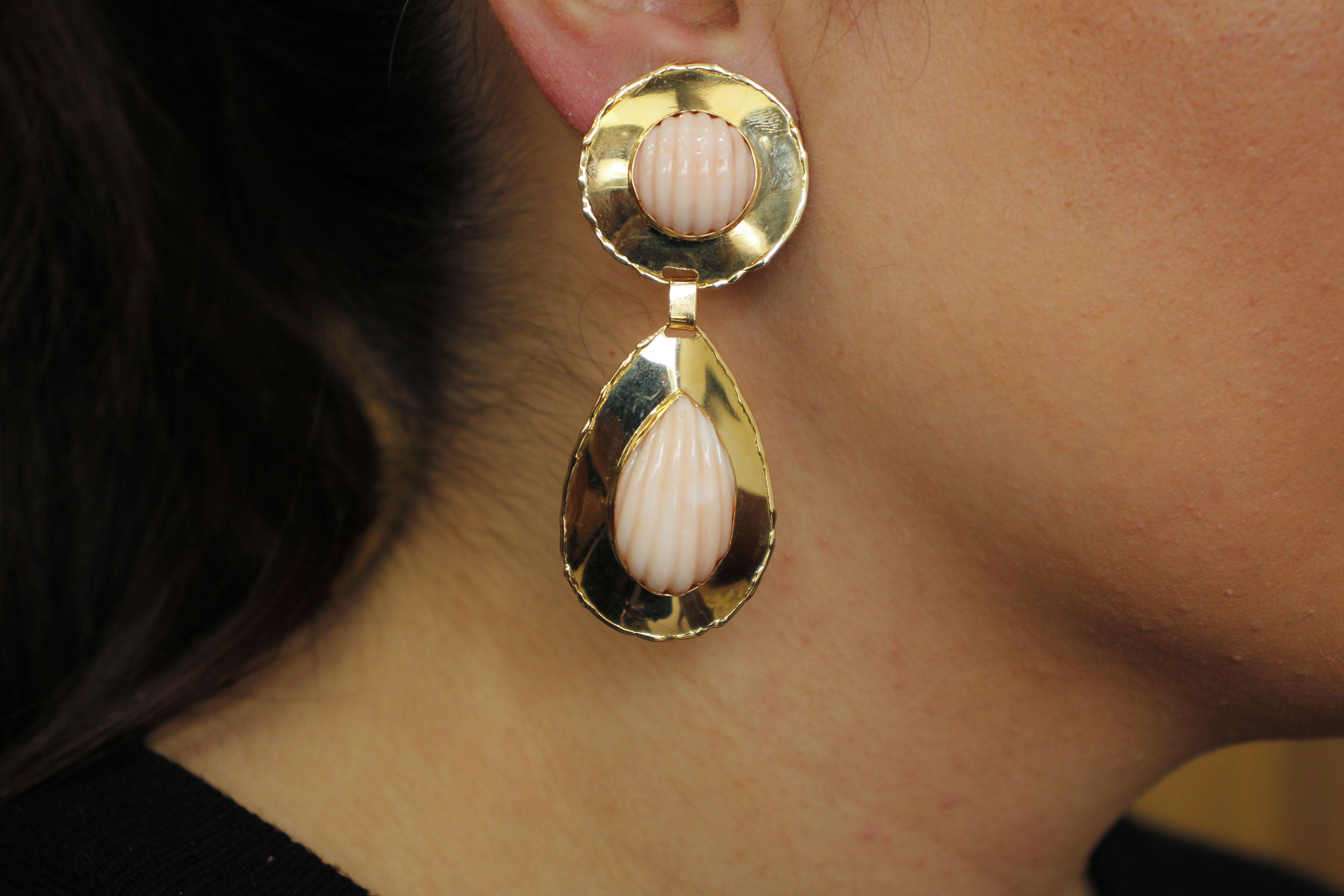 Engraved Pink Coral Spheres and Drops, 18K Yellow Gold Dangle Clip-on Earrings 2