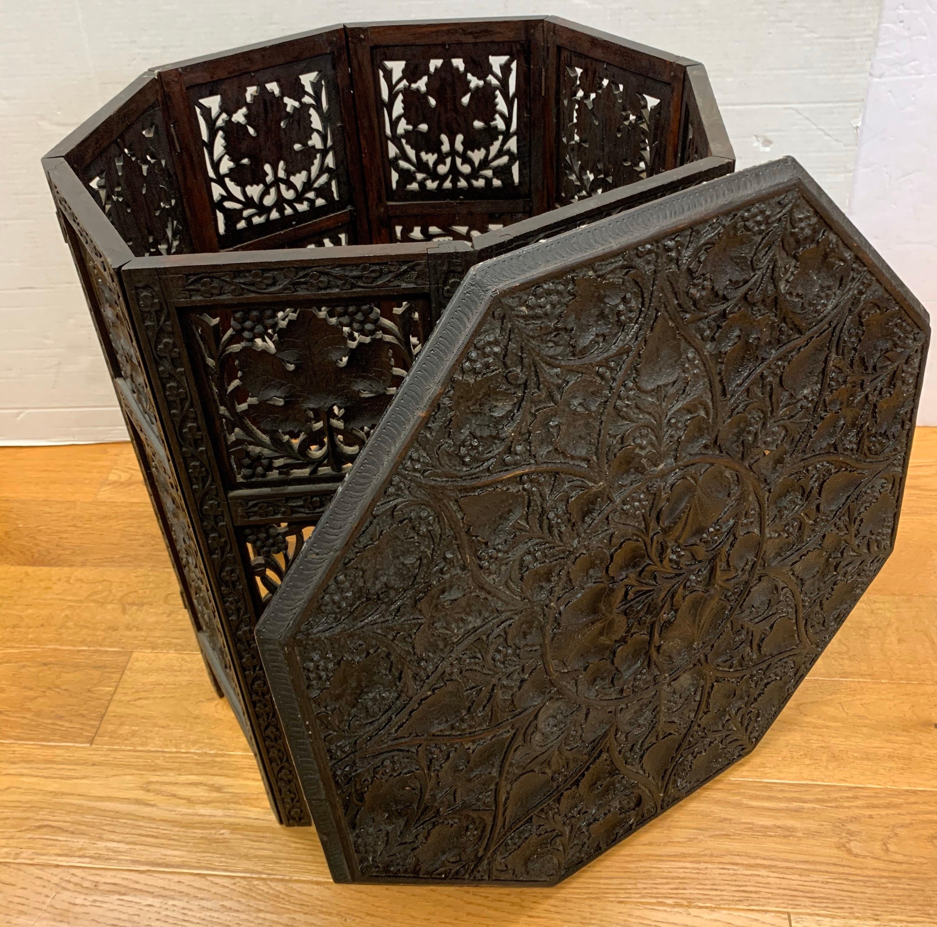 Padouk Carved Anglo-Indian Octagonal Fretwork Folding End Table