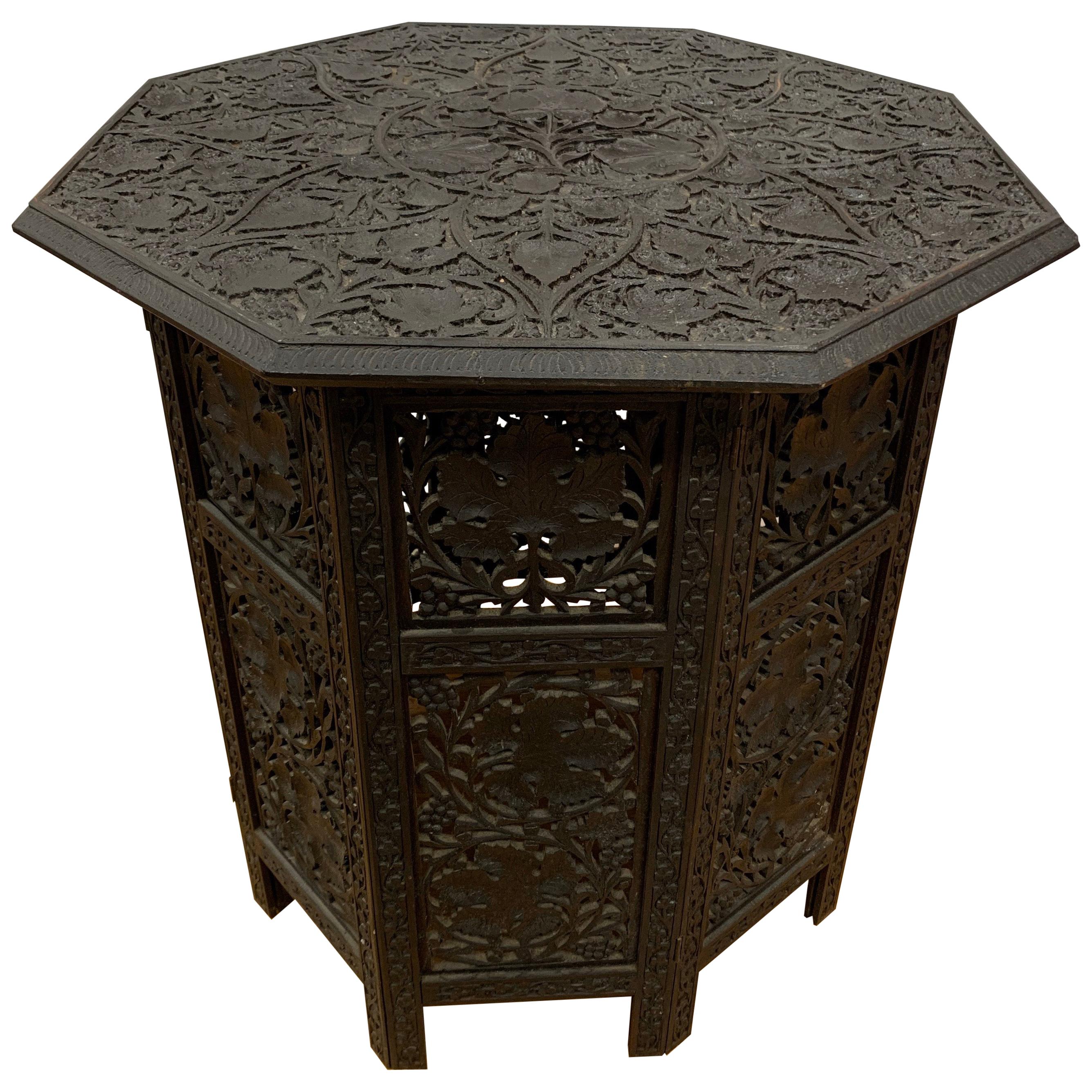 Carved Anglo-Indian Octagonal Fretwork Folding End Table