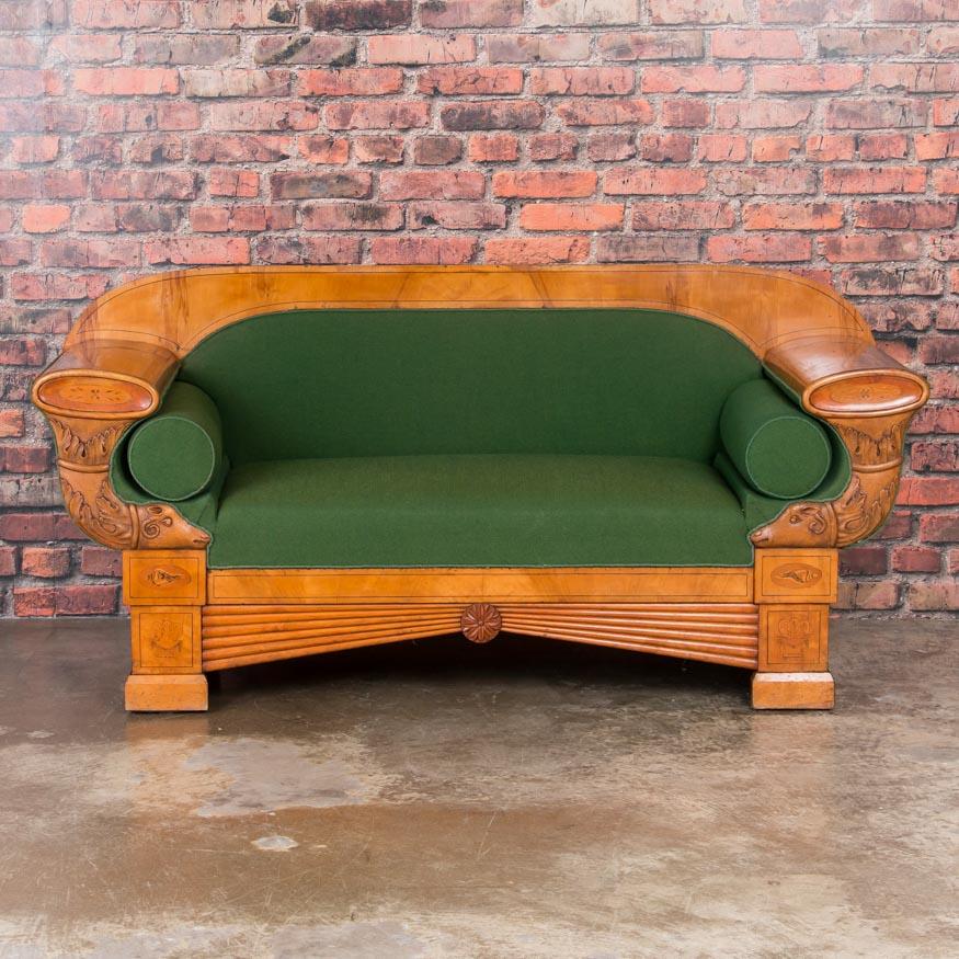 Simply imagine this sofa with new upholstery and the possibilites explode, thanks to the incredible quality and craftsmanship of this Biedermeier sofa.  Enhanced with flame birch veneers that make the wood come alive, this Swedish sofa features fine