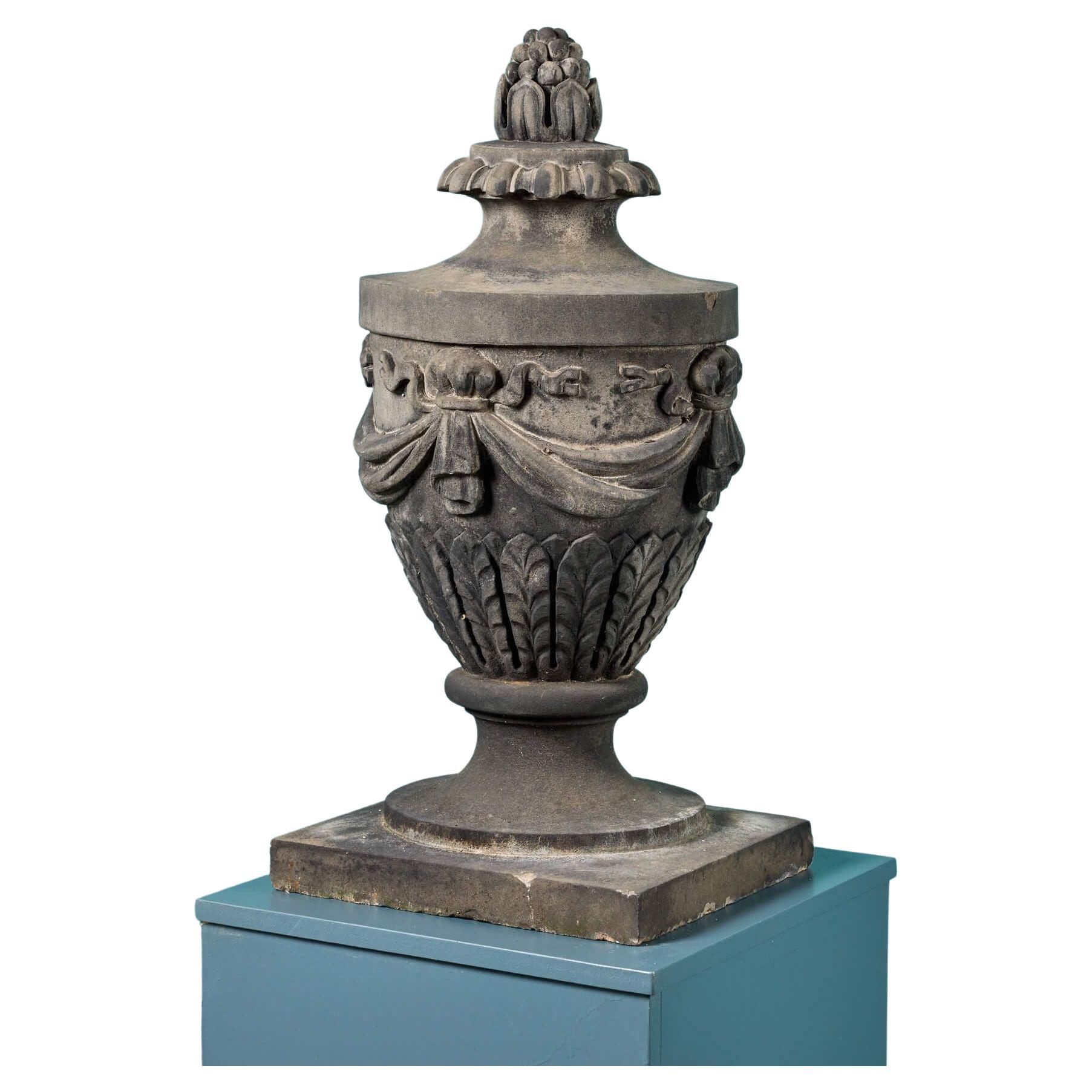 Carved Antique Adam Style Sandstone Garden Urn For Sale