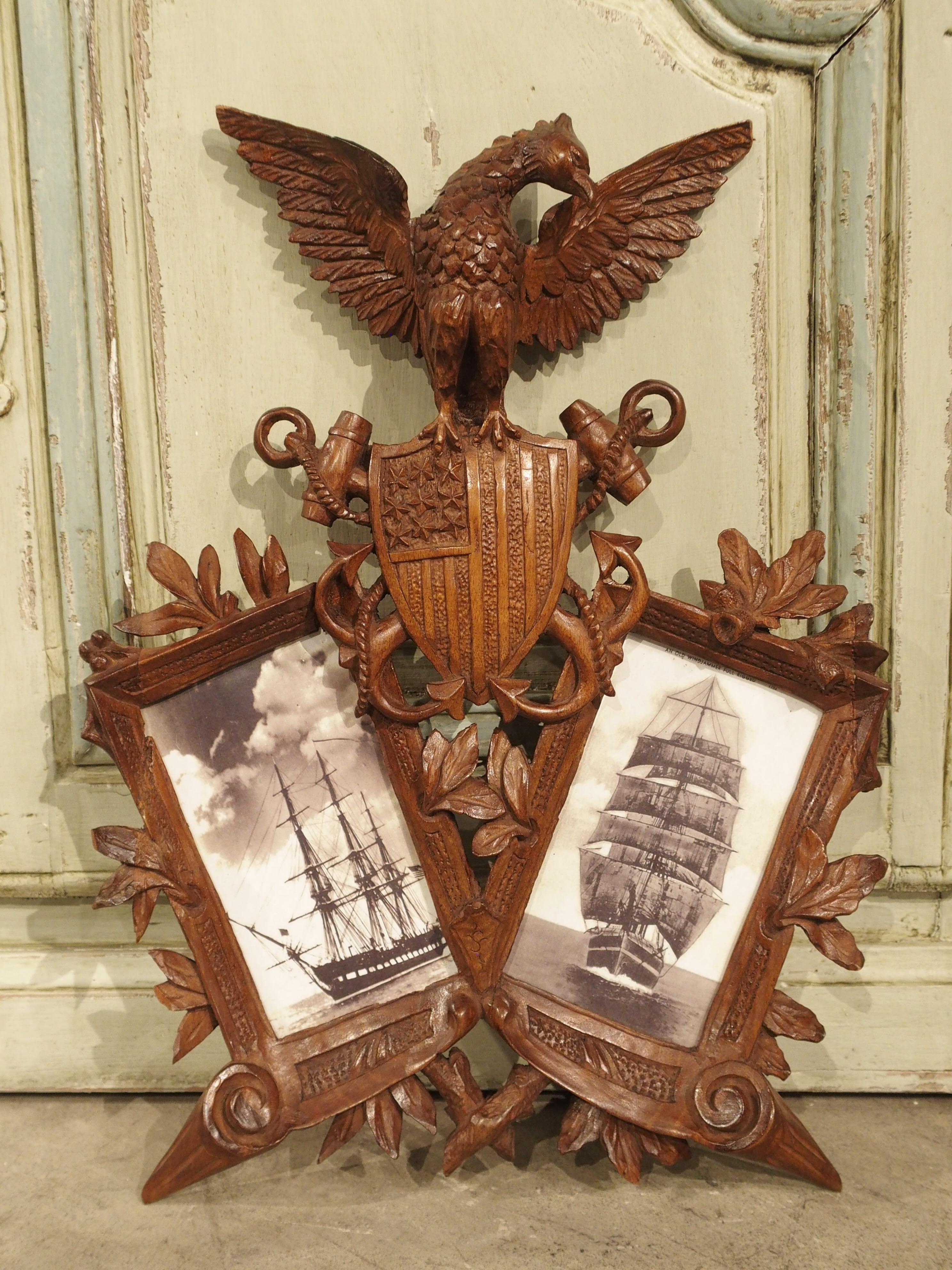 Carved Antique American Double Picture Frame Depicting US Navy Crest For Sale 4