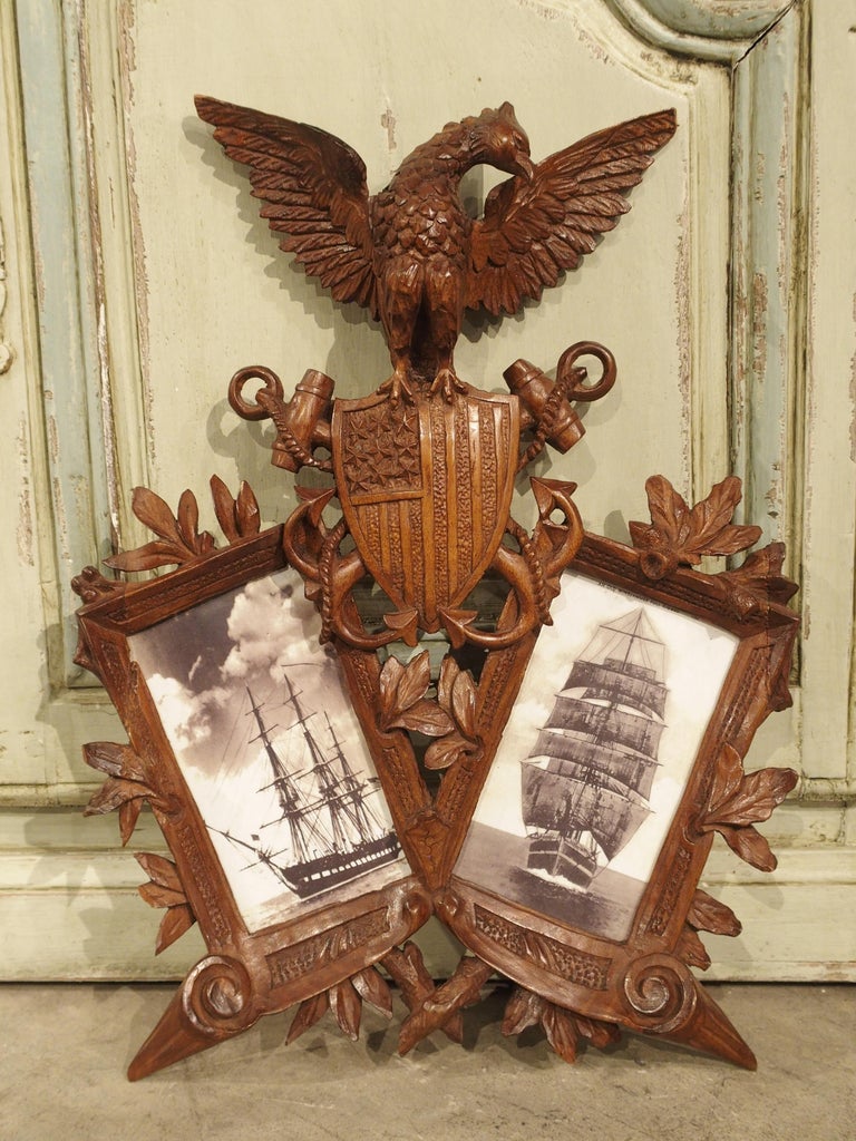 Carved Antique American Double Picture Frame Depicting US Navy Crest