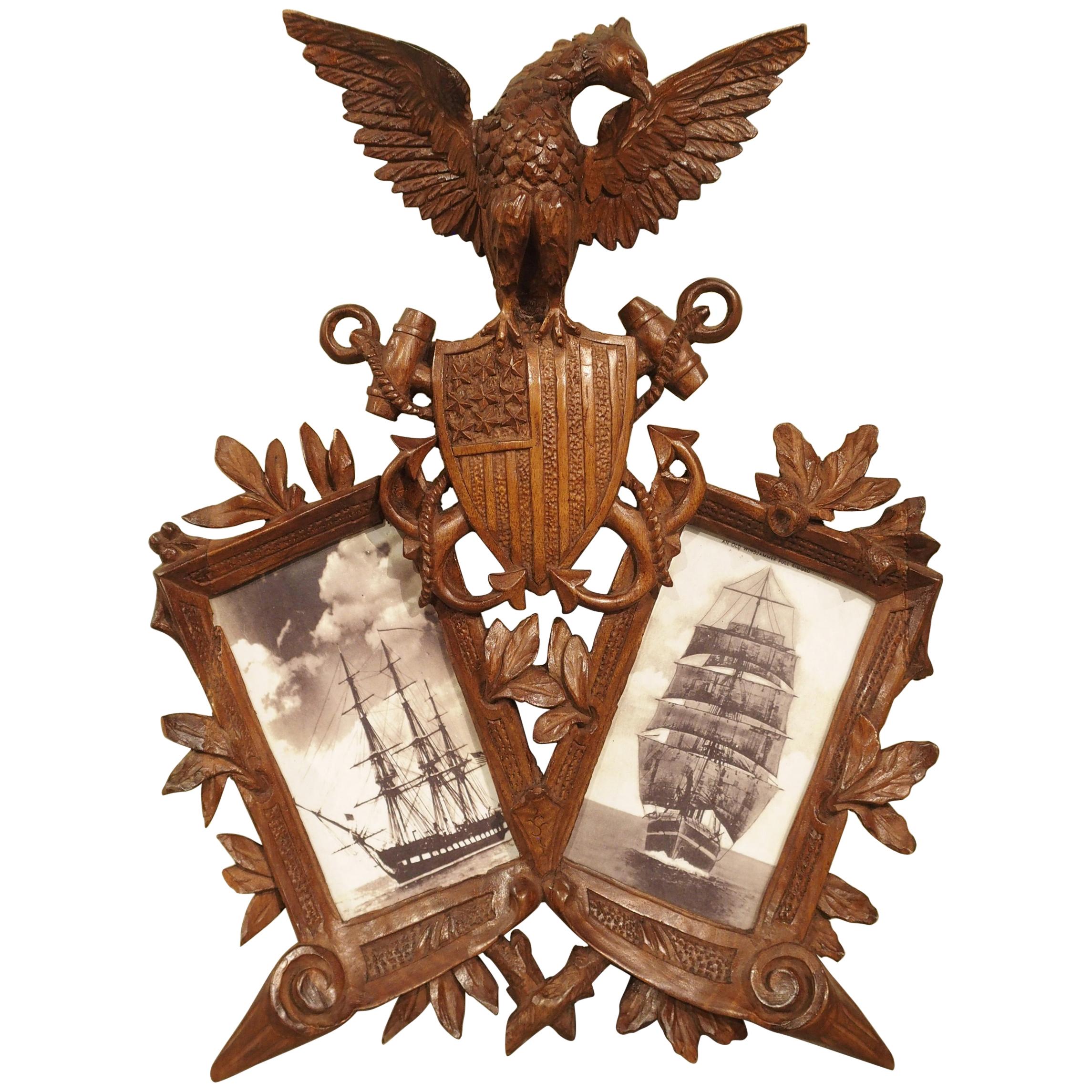 Carved Antique American Double Picture Frame Depicting US Navy Crest For Sale