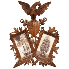 Carved Antique American Double Picture Frame Depicting US Navy Crest