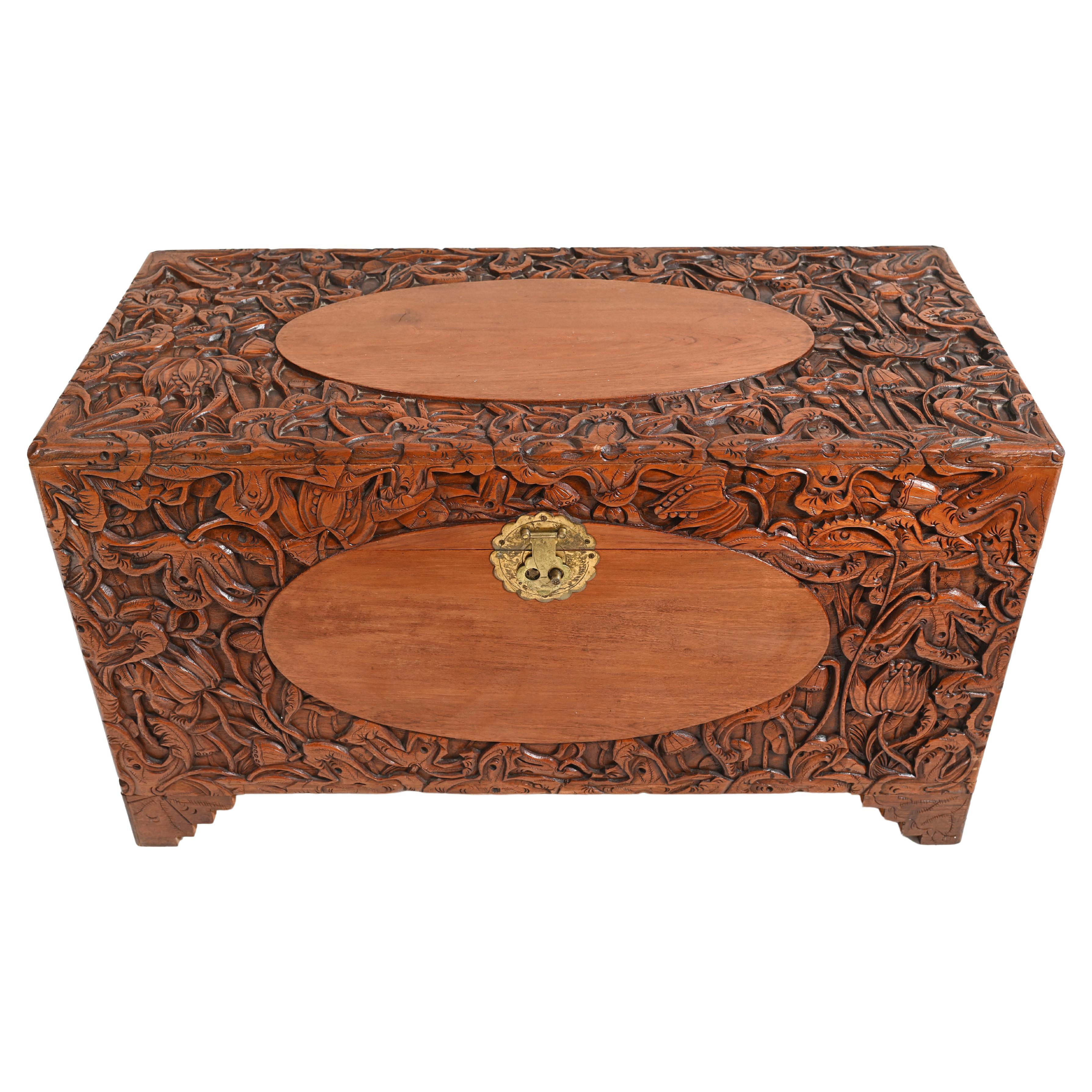 Carved Antique Camphor Chest Chinese Sailors Trunk For Sale