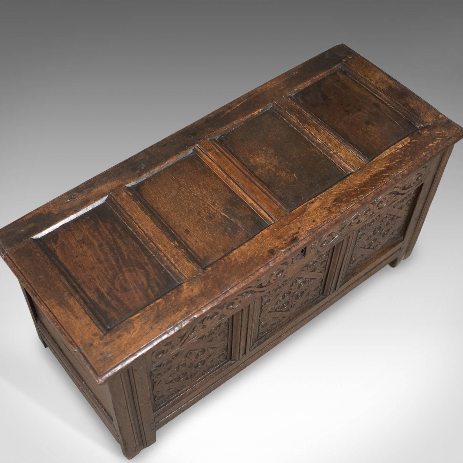 William and Mary Carved Antique Coffer, English Oak Joined Chest, Trunk, circa 1700