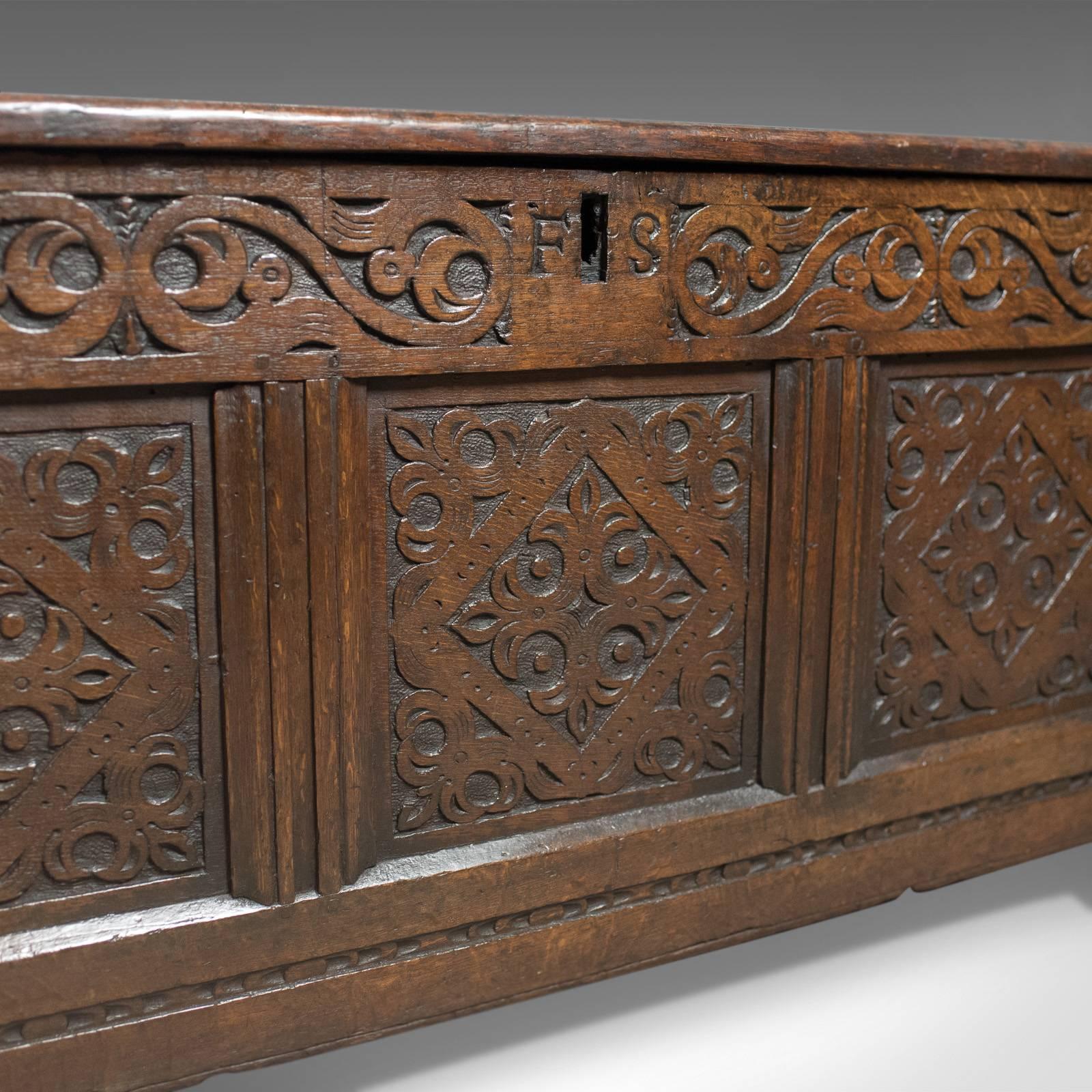 Carved Antique Coffer, English Oak Joined Chest, Trunk, circa 1700 In Good Condition In Hele, Devon, GB