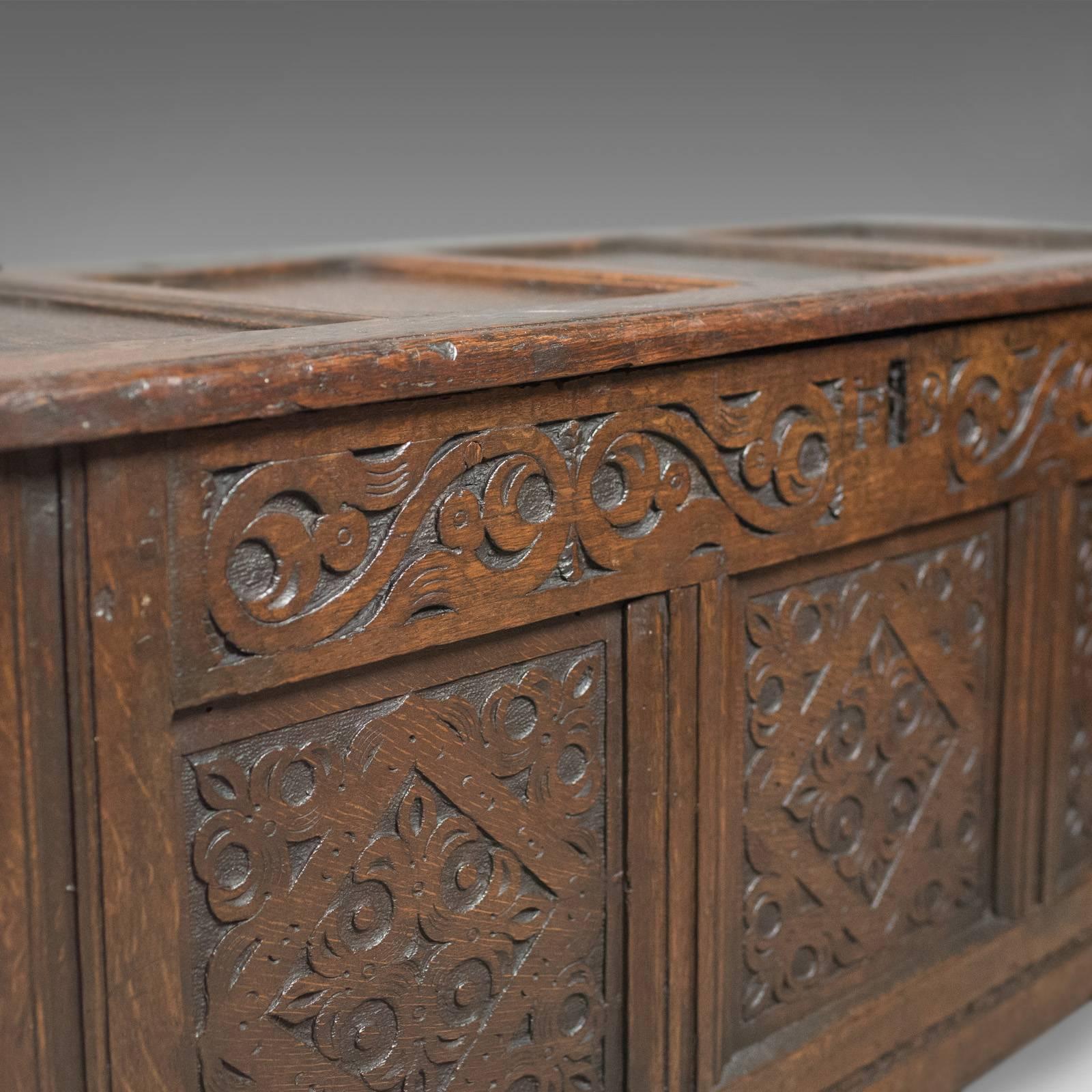 18th Century Carved Antique Coffer, English Oak Joined Chest, Trunk, circa 1700