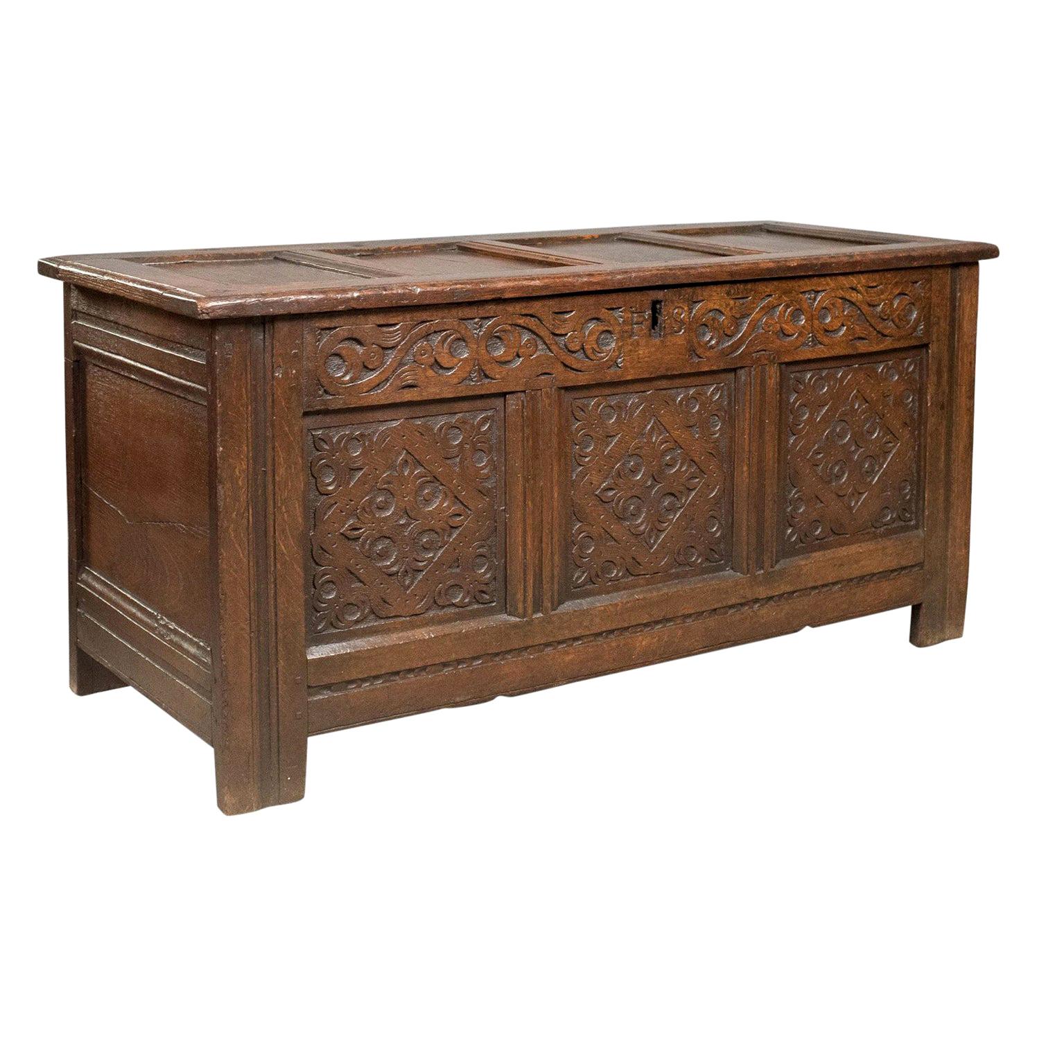 Carved Antique Coffer, English Oak Joined Chest, Trunk, circa 1700