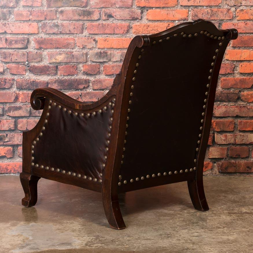 Carved Antique Danish Oak Arm or Club Chair with Leather Upholstery In Good Condition In Round Top, TX