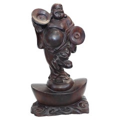 Carved Antique Happy Buddha Statue HardWood Chinese