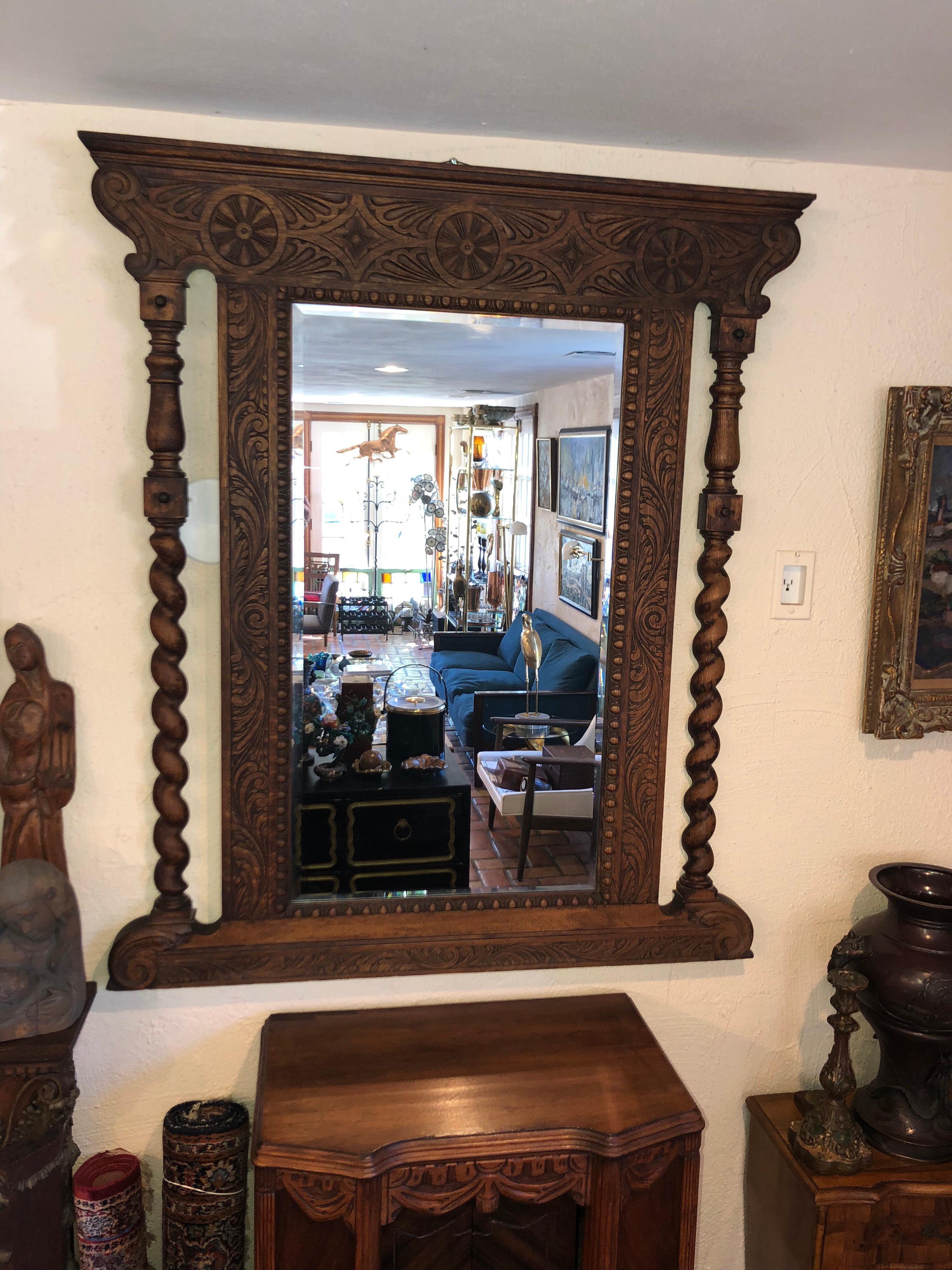 Carved Antique Oak Mirror with Barley twist sides. Intricate carving makes up this beautiful beveled mirror. Place in an entryway or above a dresser. Even use it in a bathroom above an antique vanity or above a narrow mantel.
Arts and crafts meets