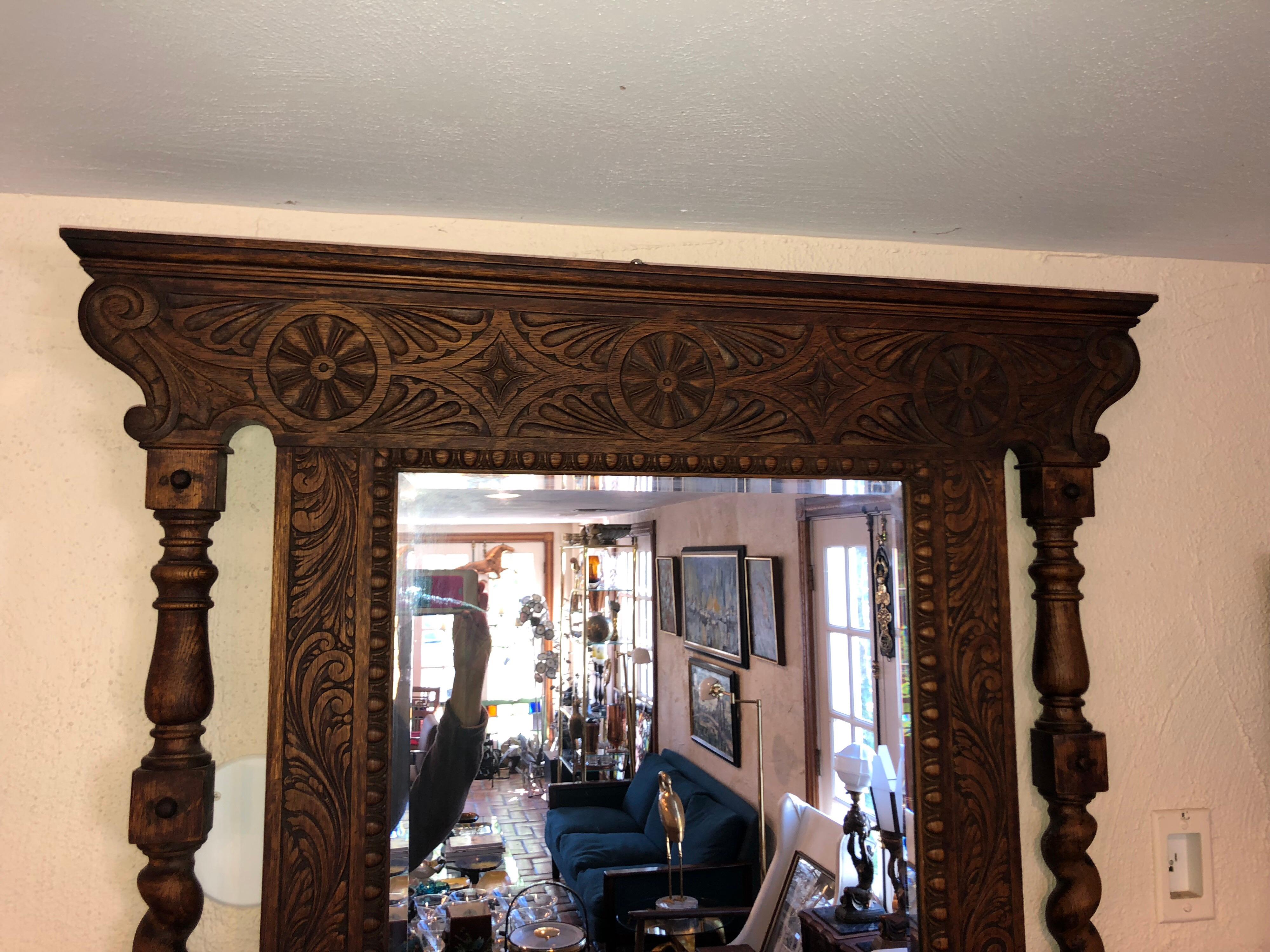 Arts and Crafts Carved Antique Oak Mirror