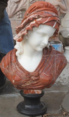 Carved Antique Style Red & White Marble Bust of Maiden