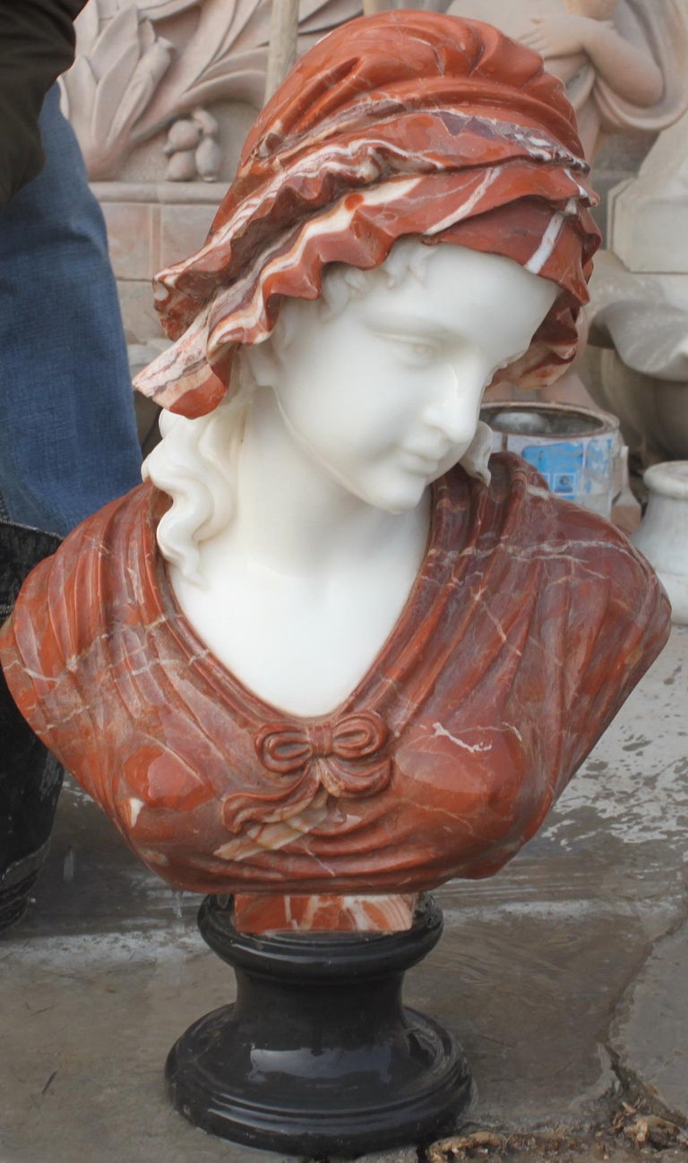 Carved Antique Style Red and White Marble Bust of Maiden For Sale at