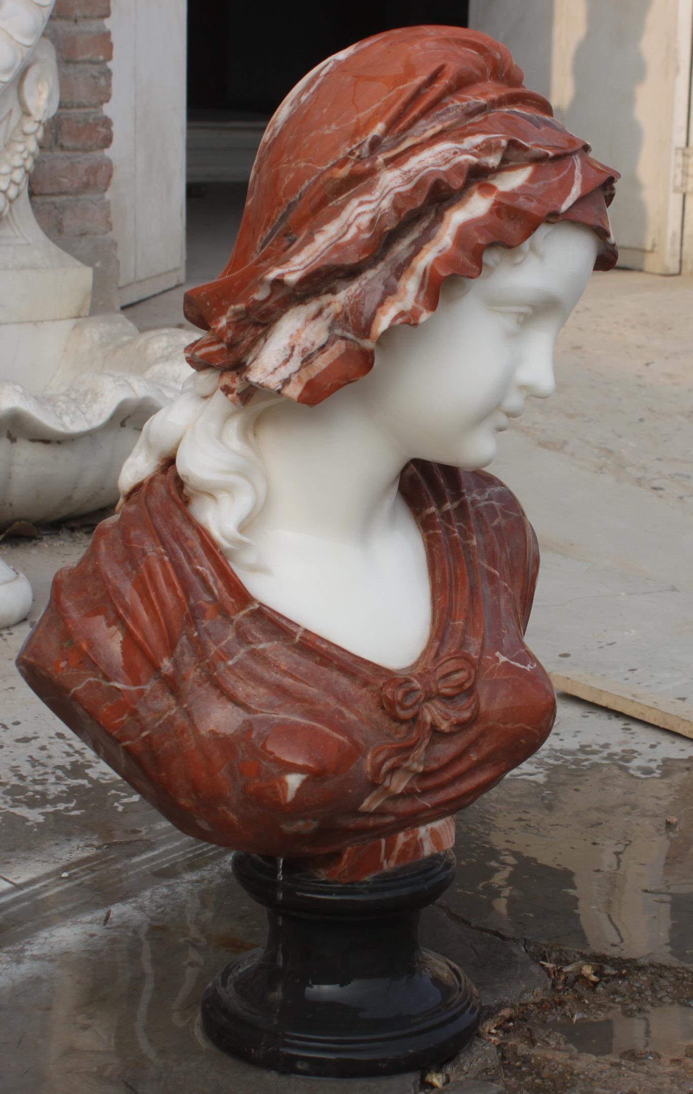Carved Antique Style Red & White Marble Bust of Maiden In Good Condition For Sale In Worcester, Worcestershire