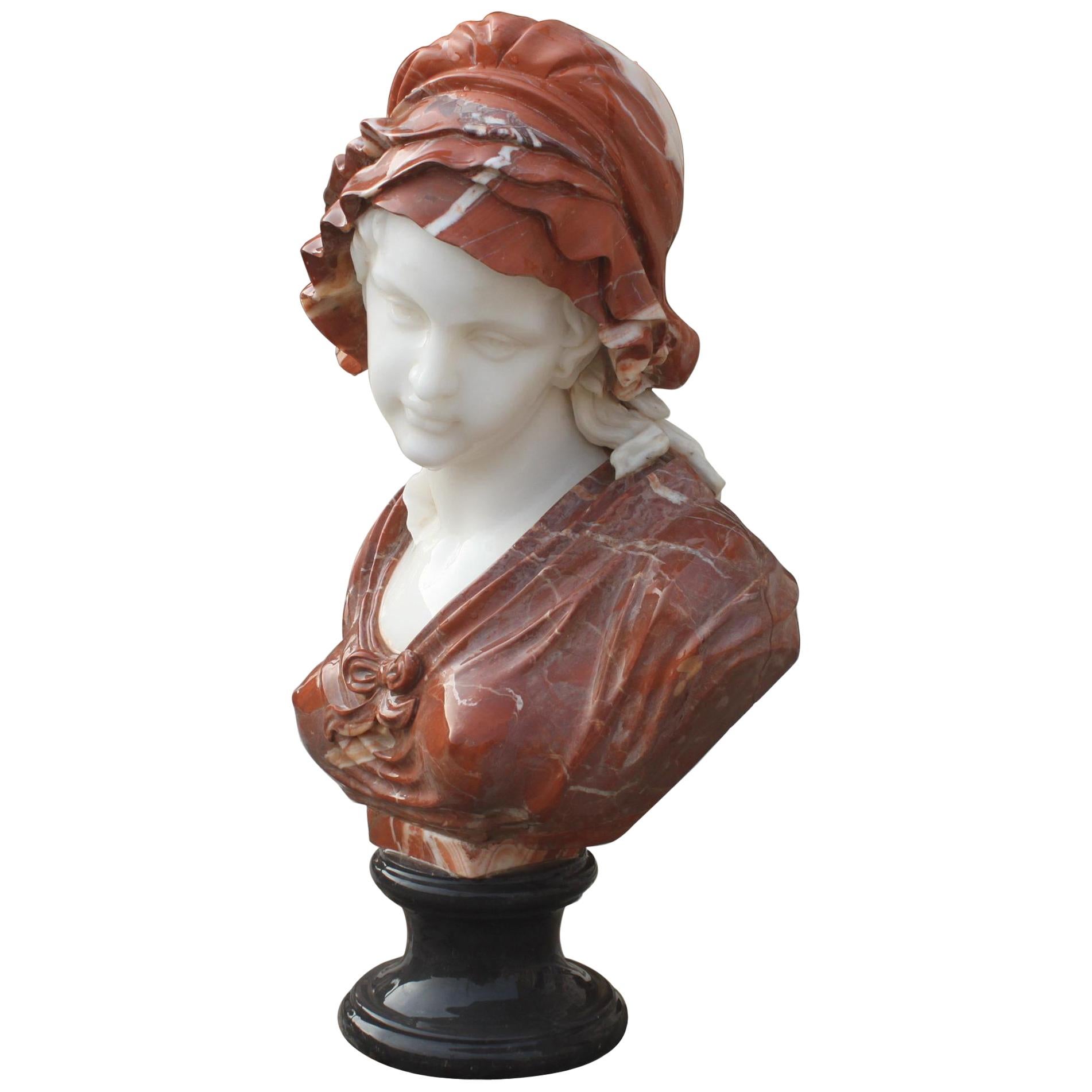 Carved Antique Style Red & White Marble Bust of Maiden For Sale