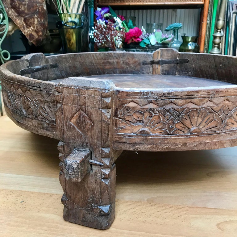 20th Century Carved Antique Teak Tribal Low Grinder Table India For Sale