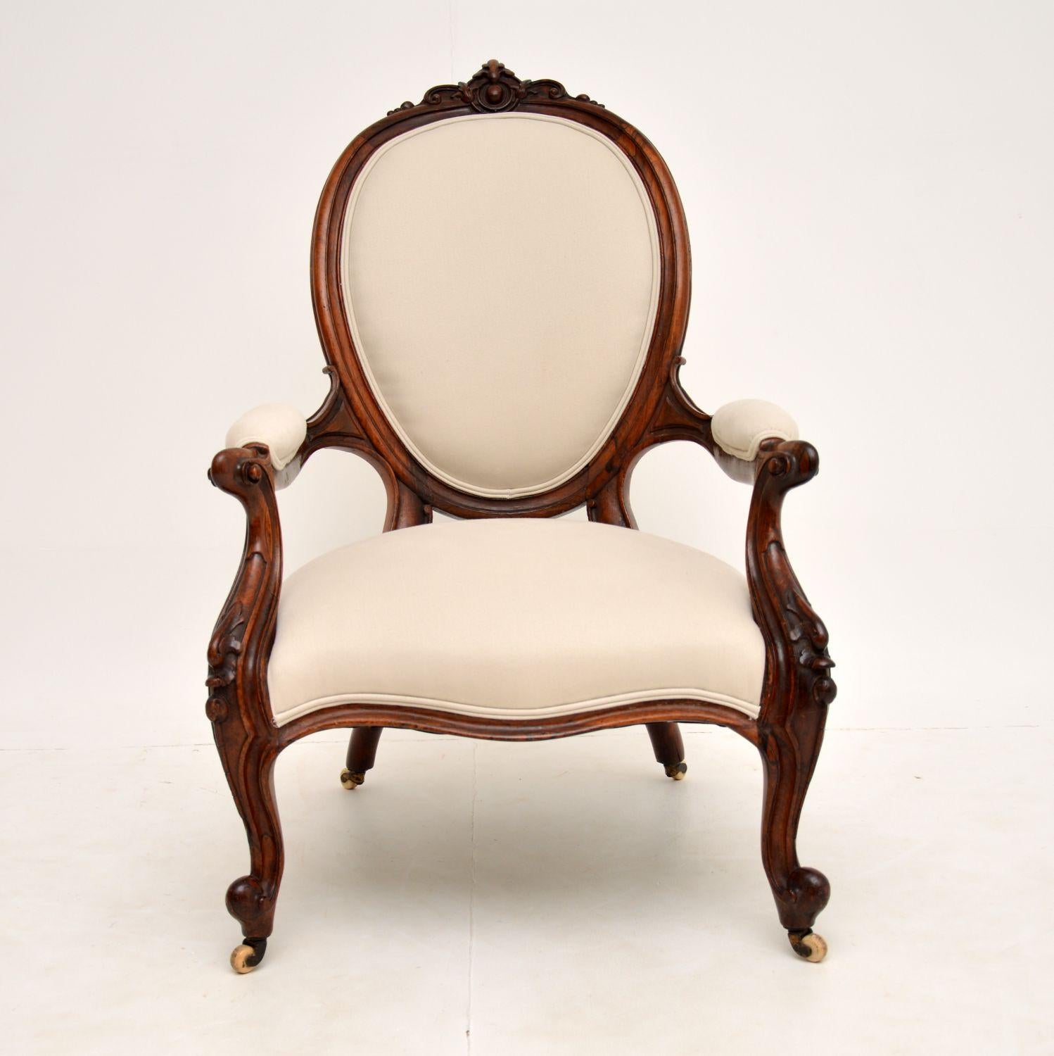 A stunning antique Victorian armchair, beautifully carved. This dates from around the 1840-60’s period & is one of the nicest examples of this kind of armchair we have had.

It is of extremely fine quality, the carving is beautifully executed and