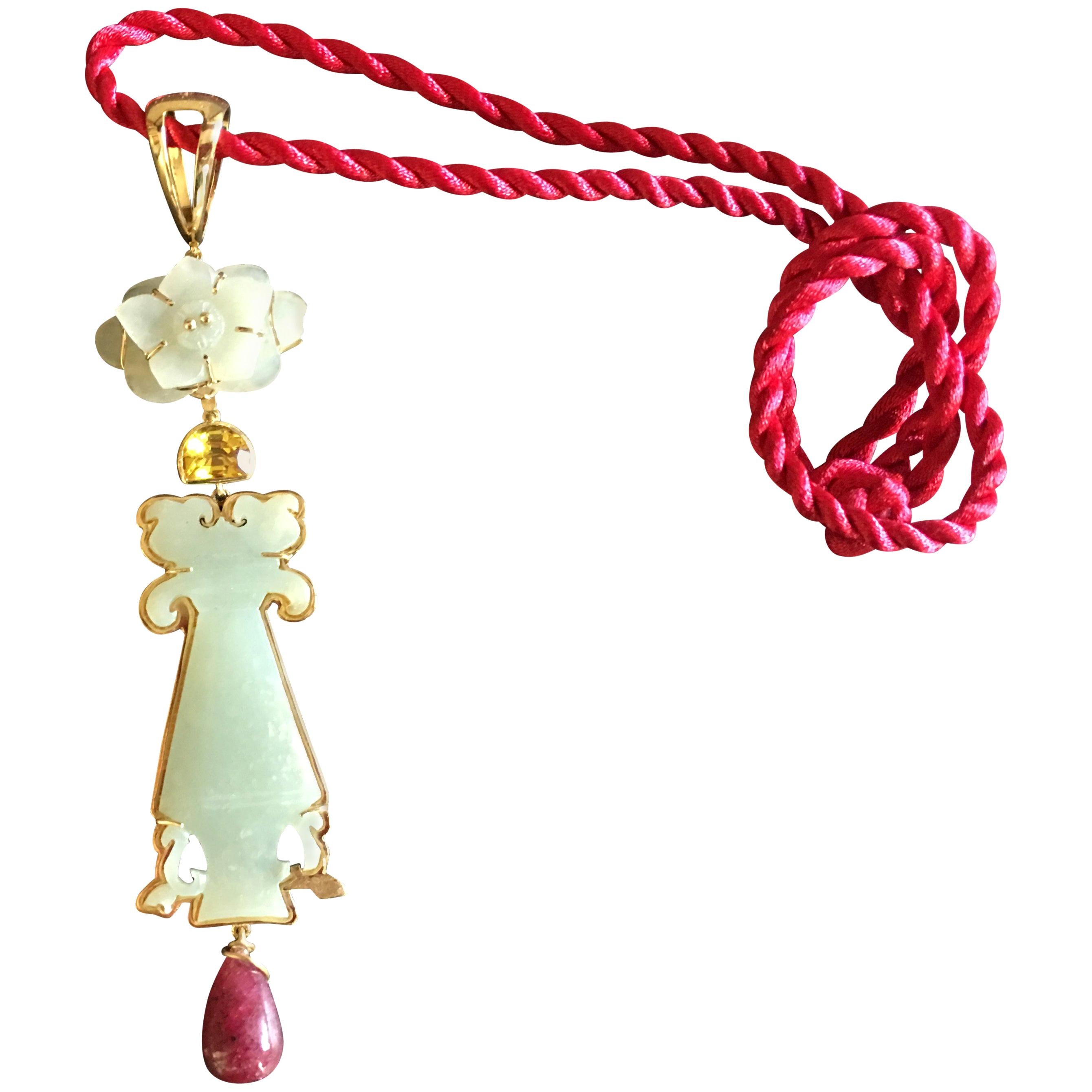 Carved Antiques Imperial Jade Citrine Ruby Drop 18 Karat Gold Pendant