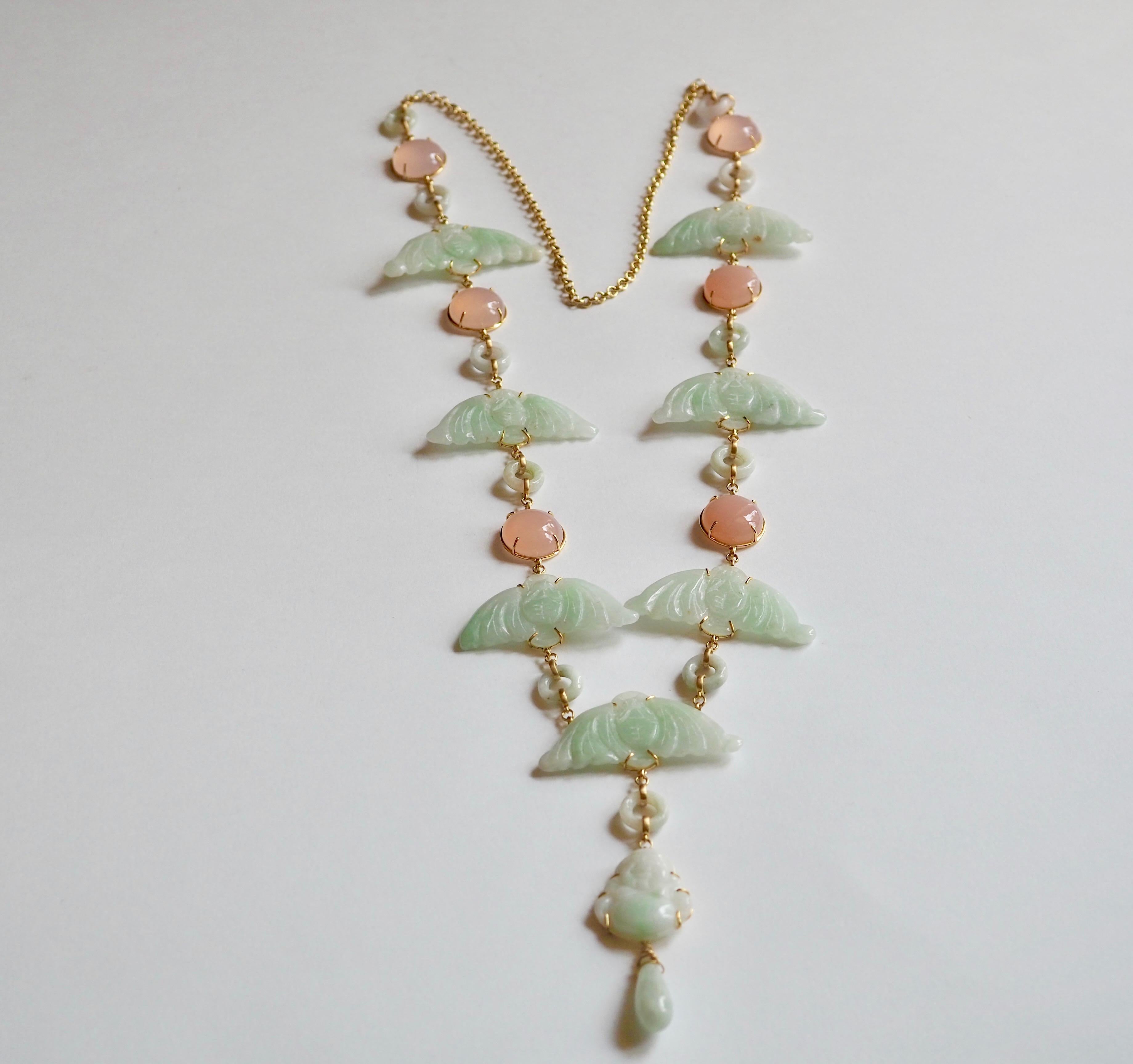 Long necklace total length 47cm cabochon rose quartz antiques carved jade with bat shape, little carved  buddha,  jade  drop. Gold.
All Giulia Colussi jewelry is new and has never been previously owned or worn. Each item will arrive at your door