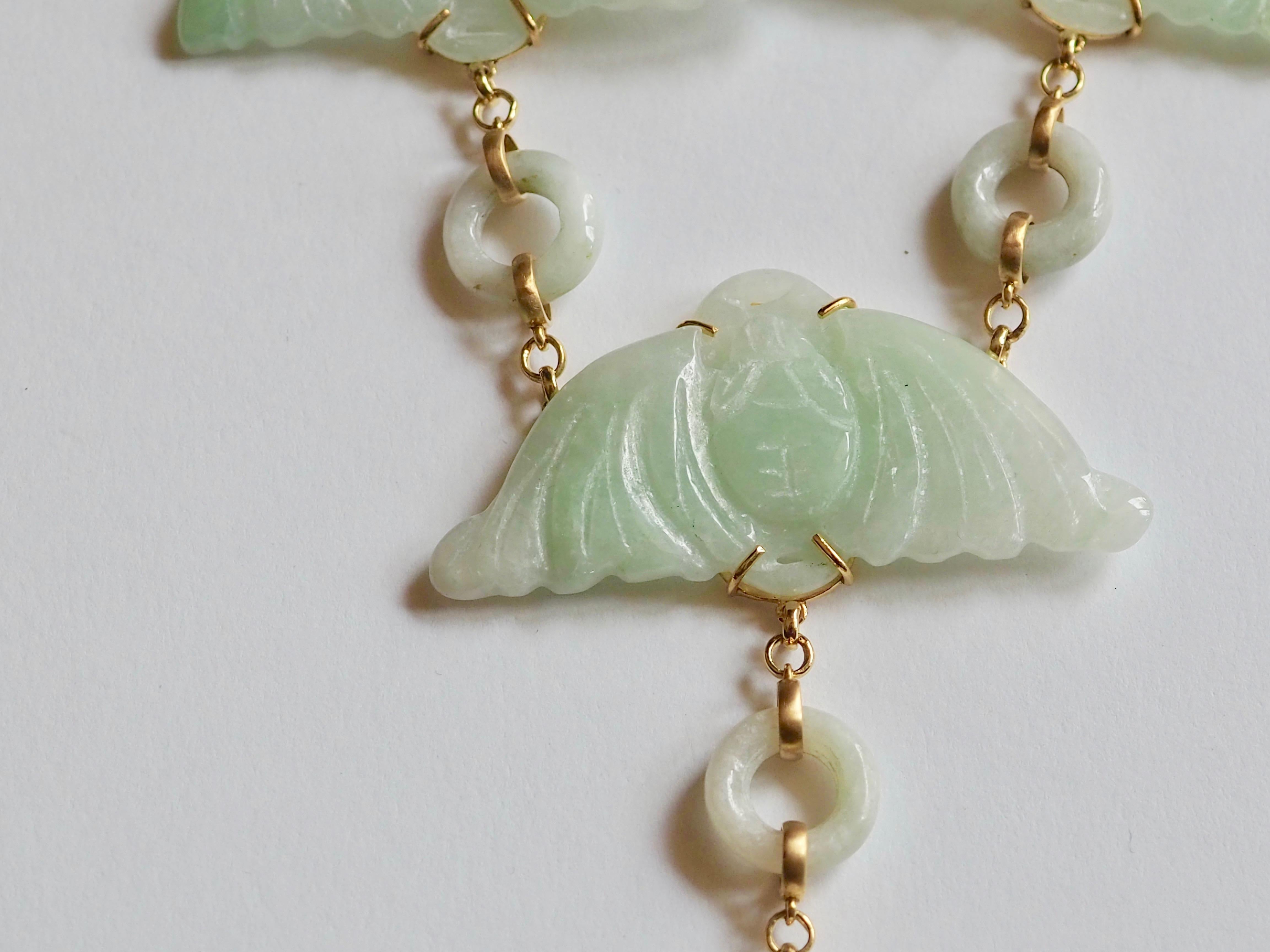 Artist Carved Antiques Jade Rose Quartz 18 Karat Gold Long Necklace For Sale