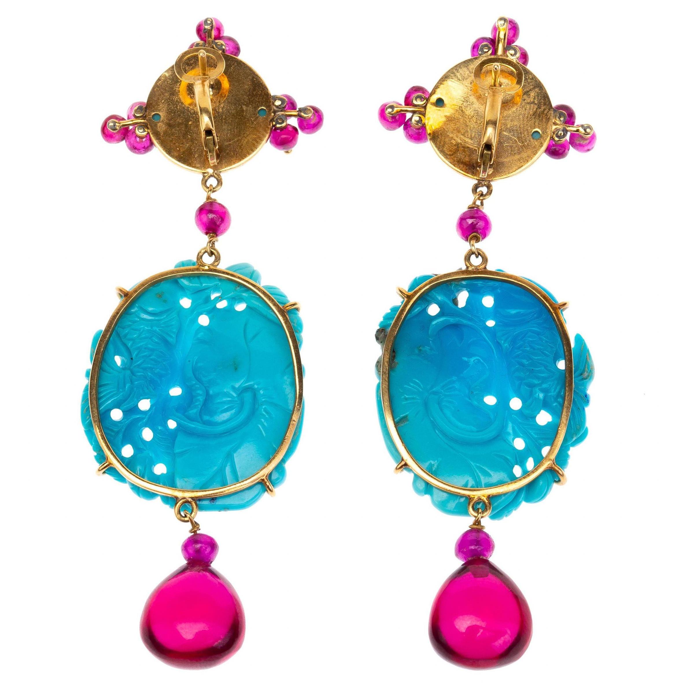 earrings with cabochon turquoise, carved antiques turquoise plaque with fish and lotus leafs rubellite drops gold.
total weight of each one 12,03 gr  total length 7cm. gold 16 gr 
All Giulia Colussi jewelry is new and has never been previously owned