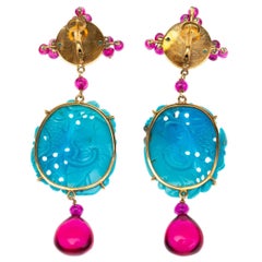 Carved Antiques Turquoise Rubellite 18 Karat Gold Earrings