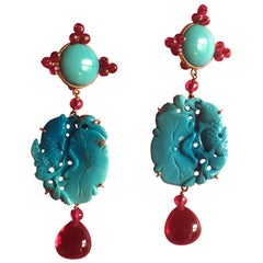 Carved Antiques Turquoise Rubellite 18 Karat Gold Earrings