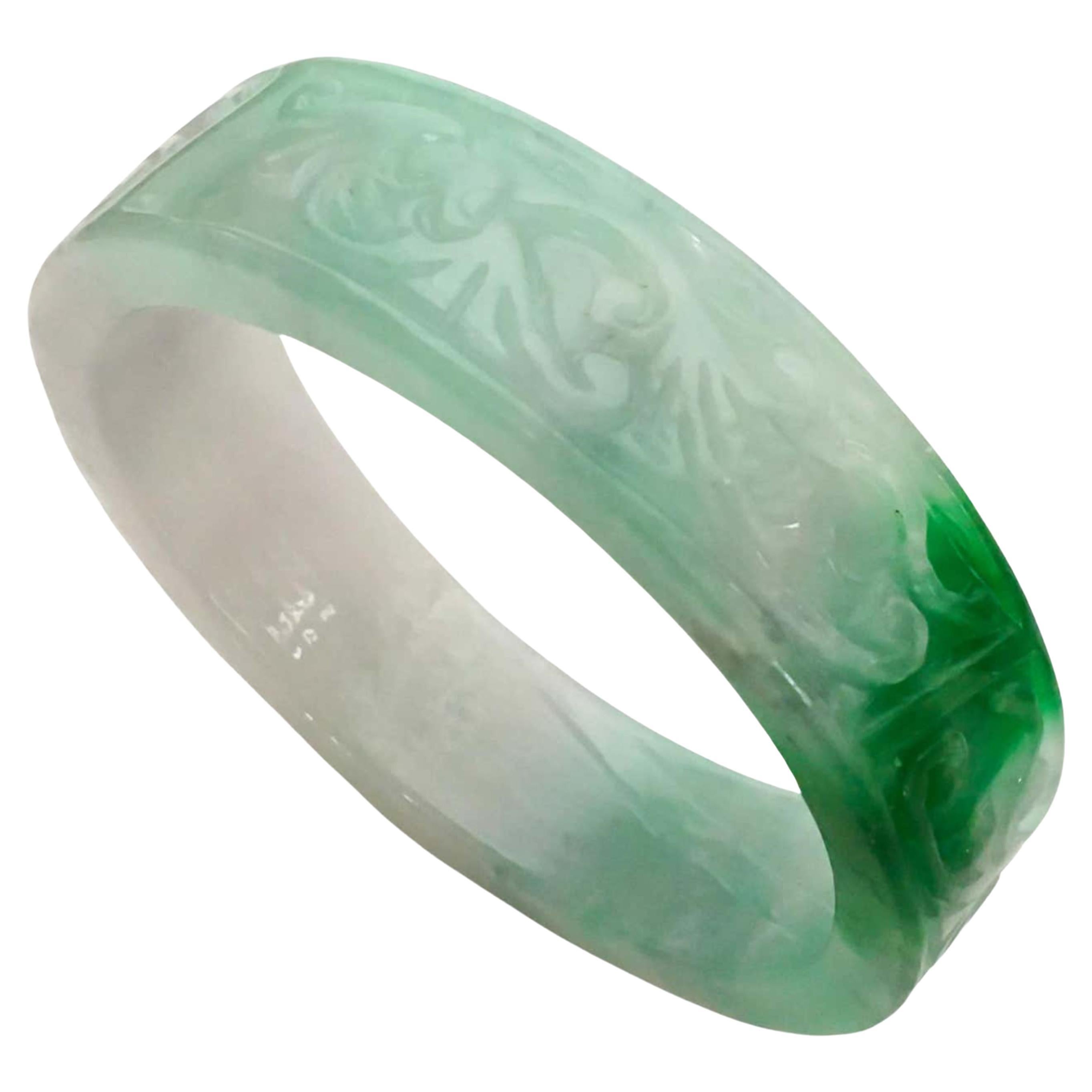 Apple Green and White Carved Jade Bangle Bracelet For Sale