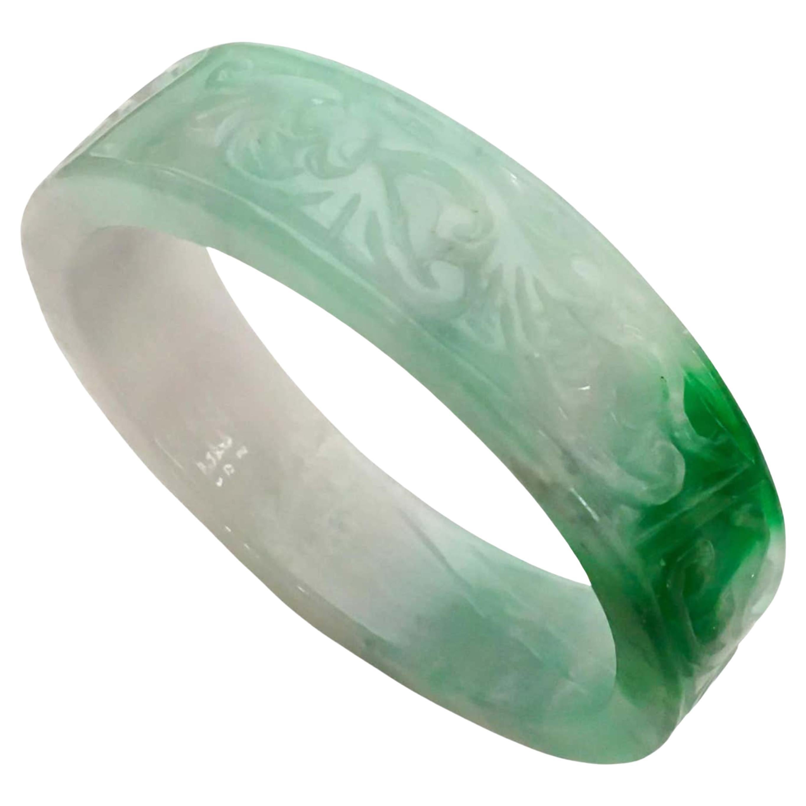 Pulsera brazalete de jade tallado verde manzana y blanco