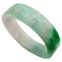 Apple Green and White Carved Jade Bangle Bracelet