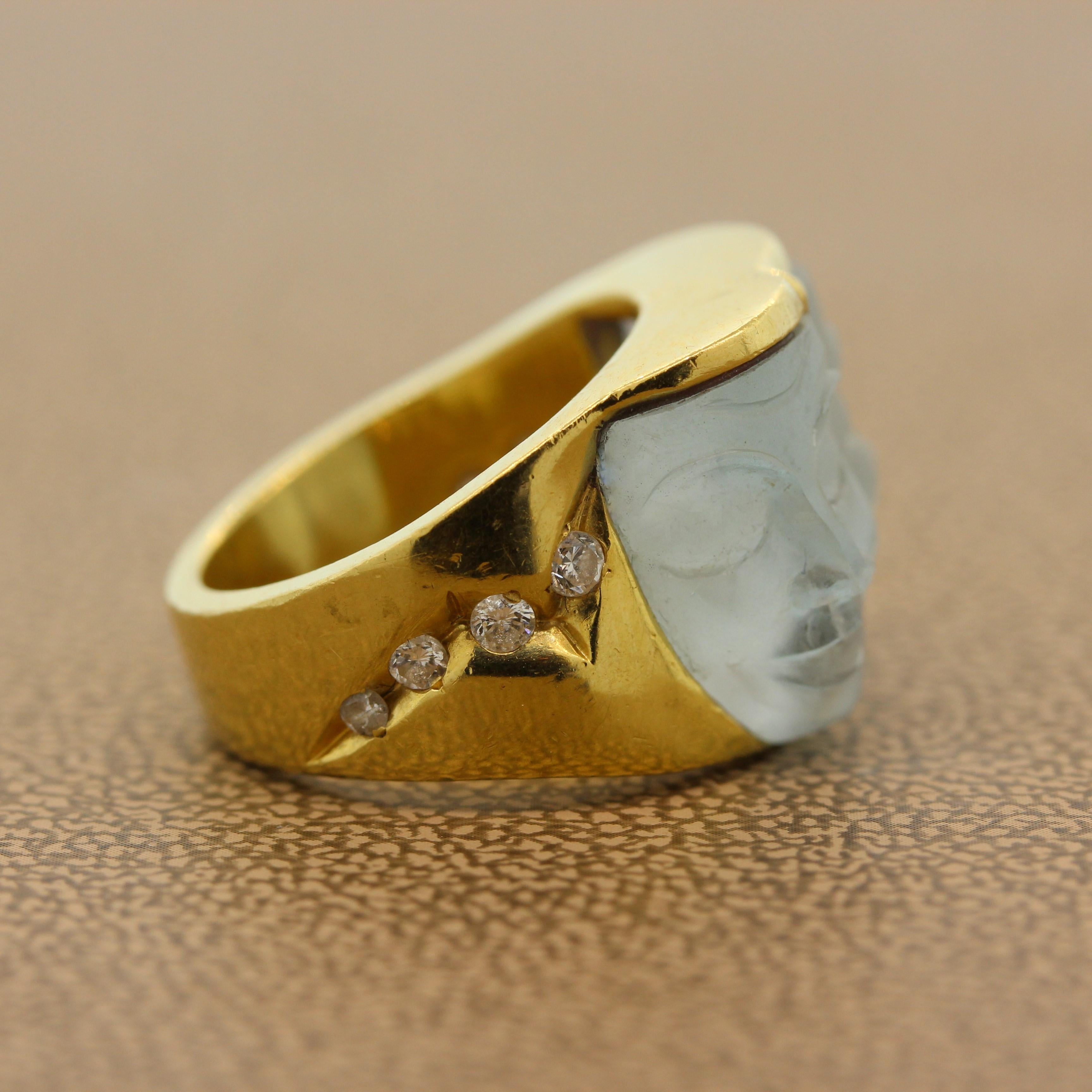 Women's Carved Aquamarine Diamond Gold Ring For Sale