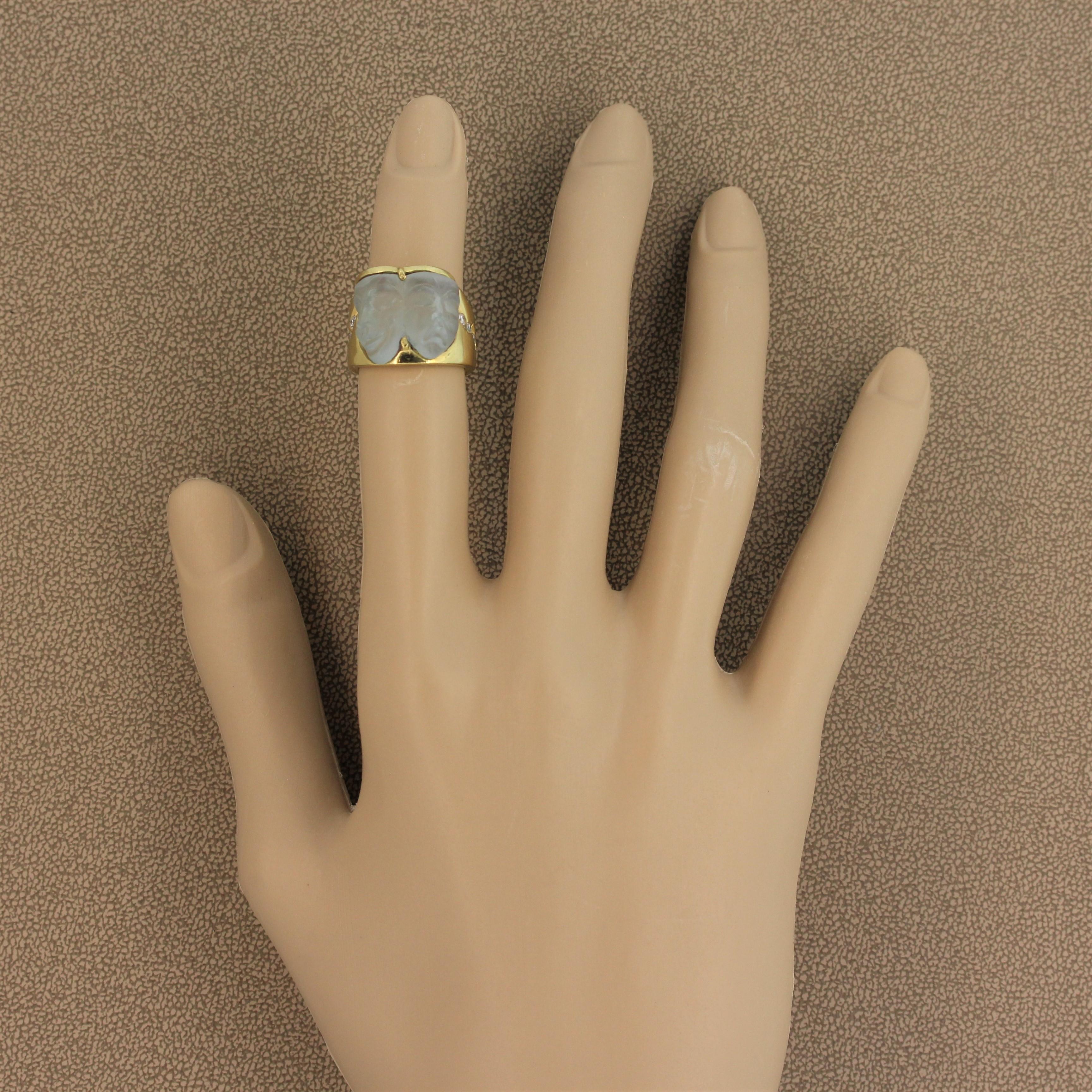 Carved Aquamarine Diamond Gold Ring For Sale 2