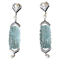 Carved Aquamarine, Freshwater Pearls, Black Enamel & Diamonds Chandelier Earring