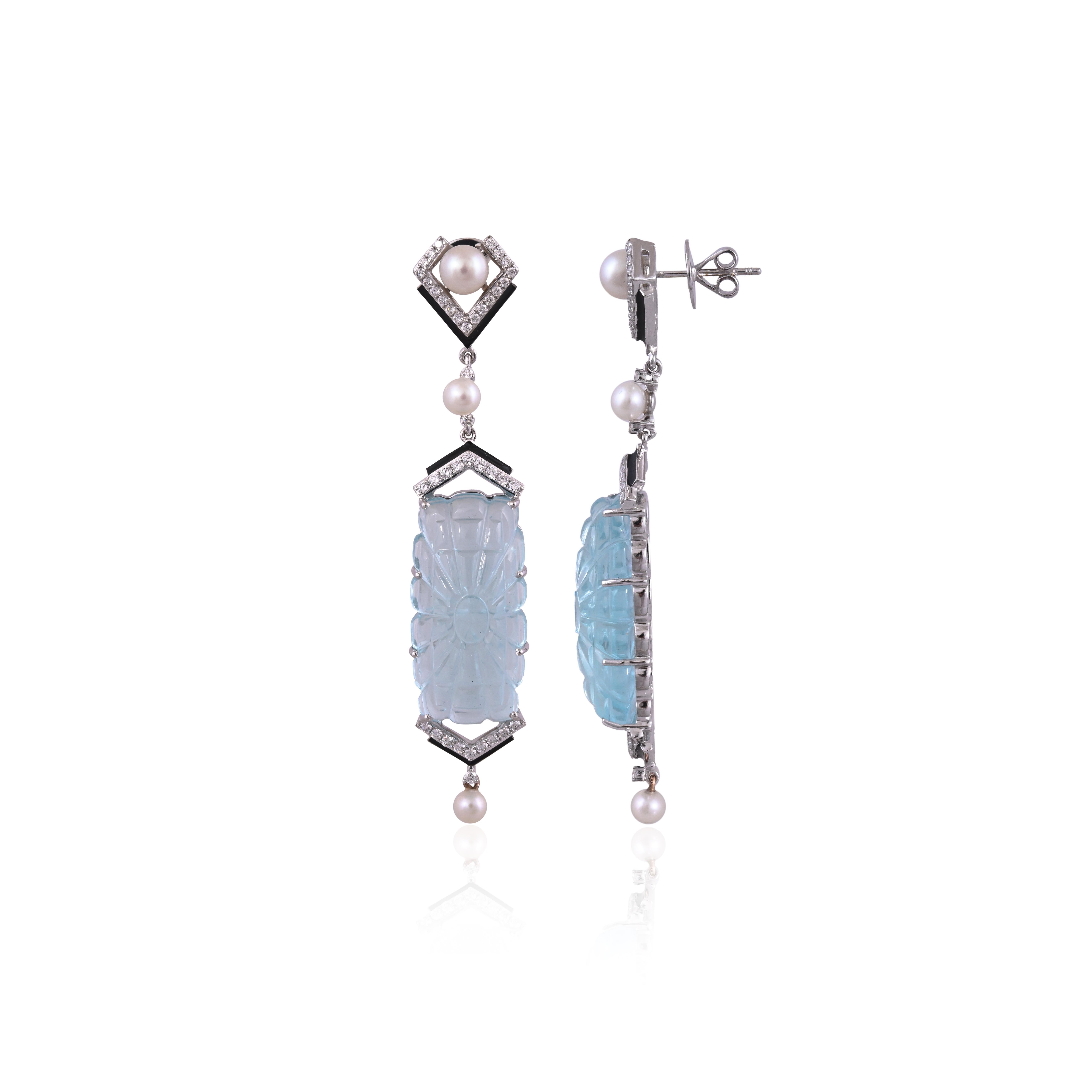 Art Deco Carved Aquamarine, Freshwater Pearls, Black Enamel & Diamonds Chandelier Earring For Sale