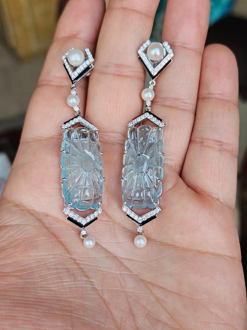 Round Cut Carved Aquamarine, Freshwater Pearls, Black Enamel & Diamonds Chandelier Earring For Sale