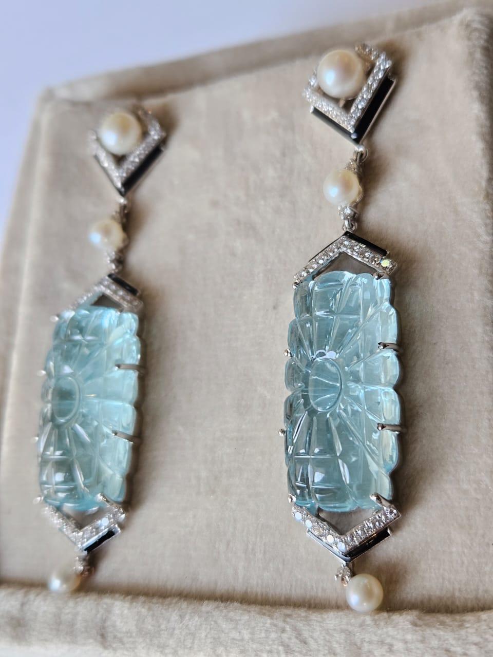 Women's or Men's Carved Aquamarine, Freshwater Pearls, Black Enamel & Diamonds Chandelier Earring For Sale