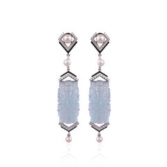 Carved Aquamarine, Freshwater Pearls, Black Enamel & Diamonds Chandelier Earring