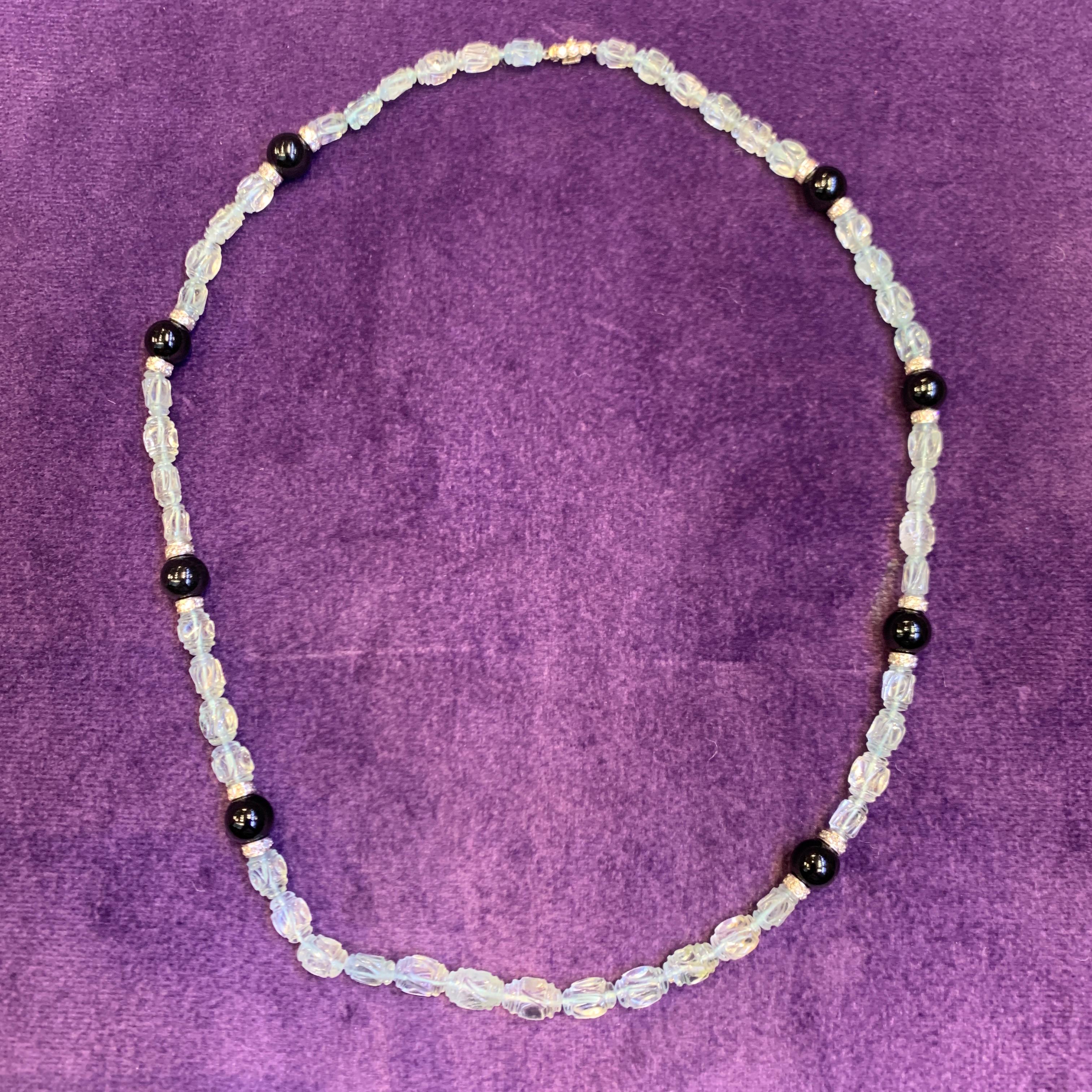 Carved Aquamarine & Onyx Bead Necklace  For Sale 1