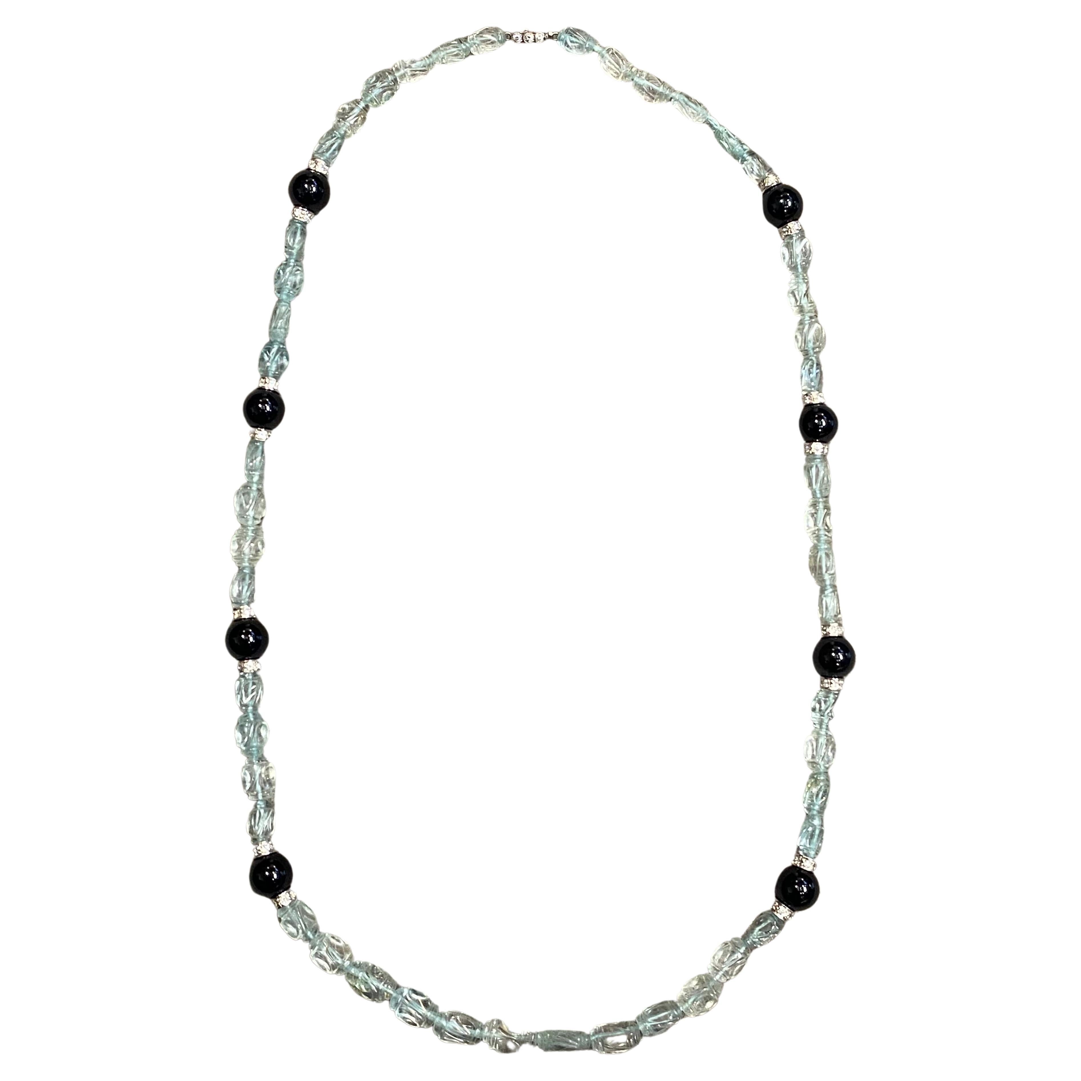 Carved Aquamarine & Onyx Bead Necklace  For Sale