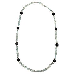 Vintage Carved Aquamarine & Onyx Bead Necklace 