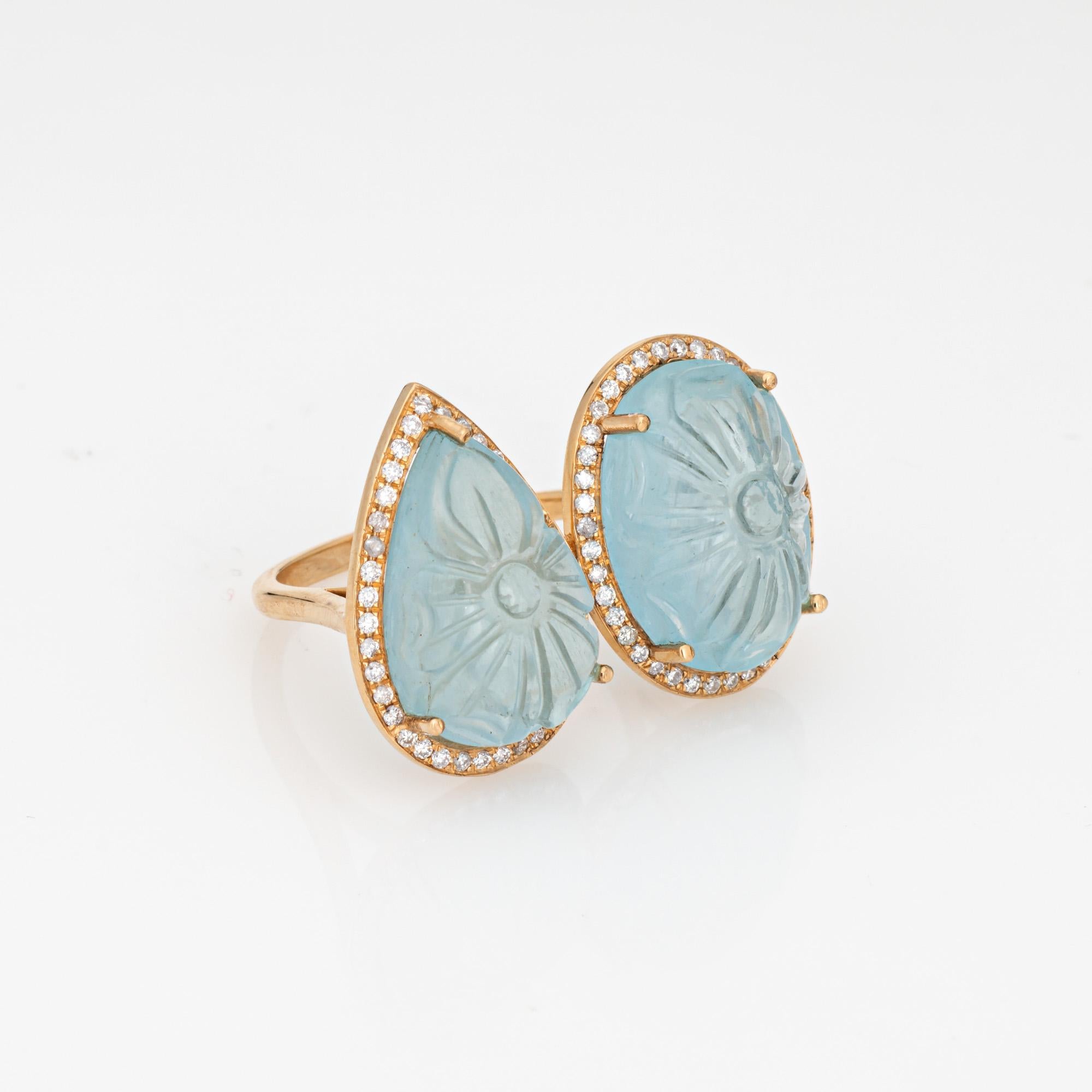 Contemporary Carved Aquamarine Ring Diamond Large Cocktail Jewelry Sz 7 Flower Jewelry For Sale