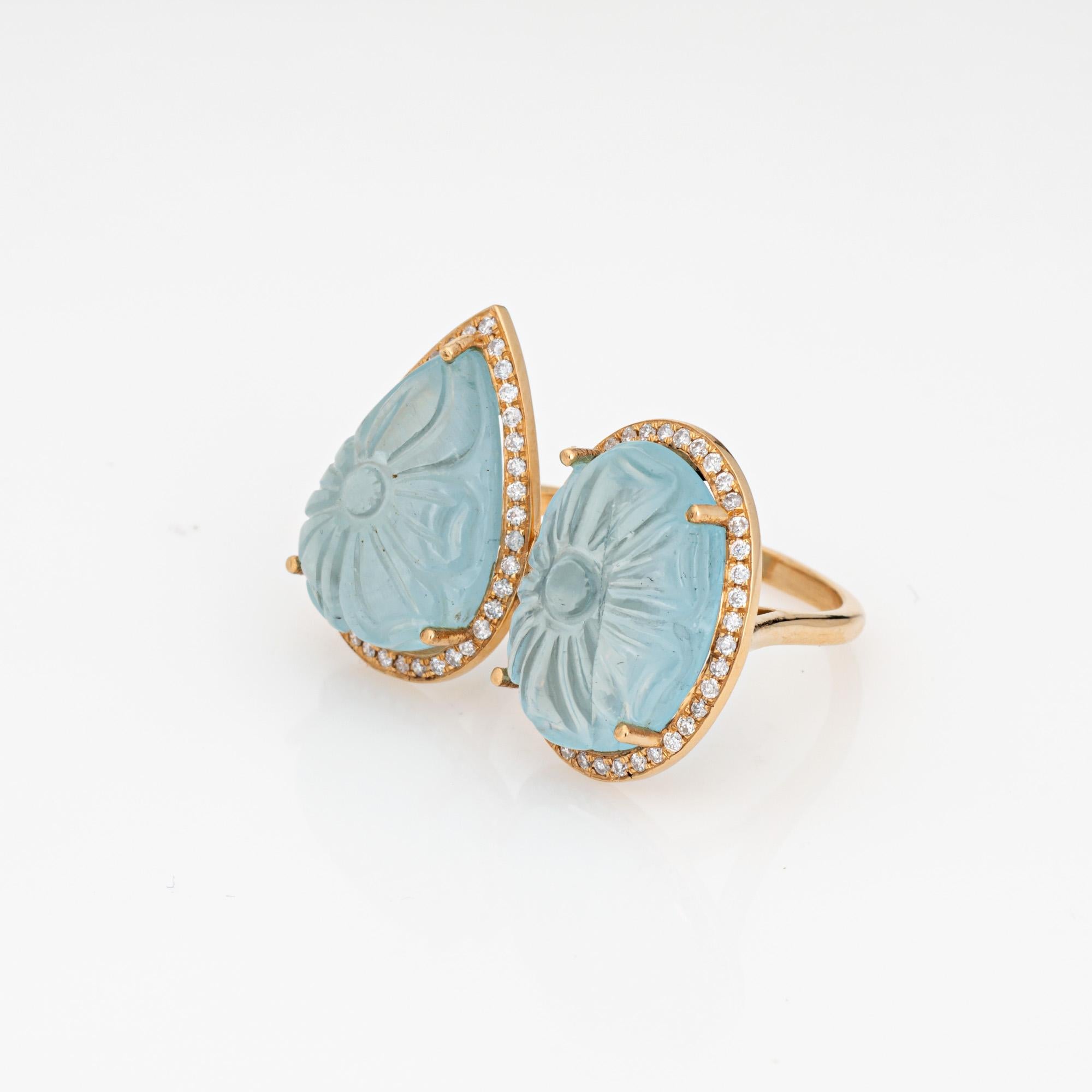 Cabochon Carved Aquamarine Ring Diamond Large Cocktail Jewelry Sz 7 Flower Jewelry For Sale