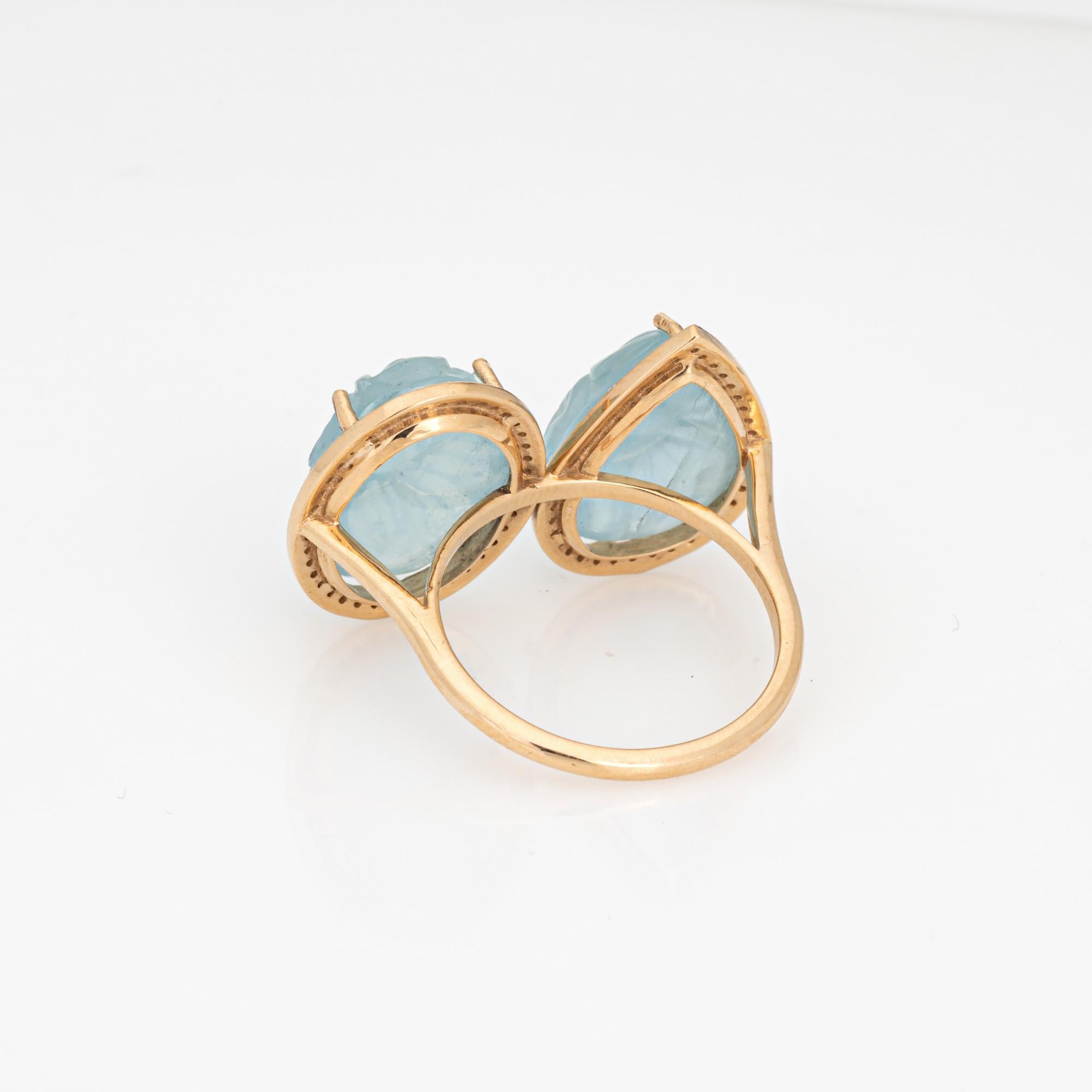 Carved Aquamarine Ring Diamond Large Cocktail Jewelry Sz 7 Flower Jewelry In Good Condition For Sale In Torrance, CA