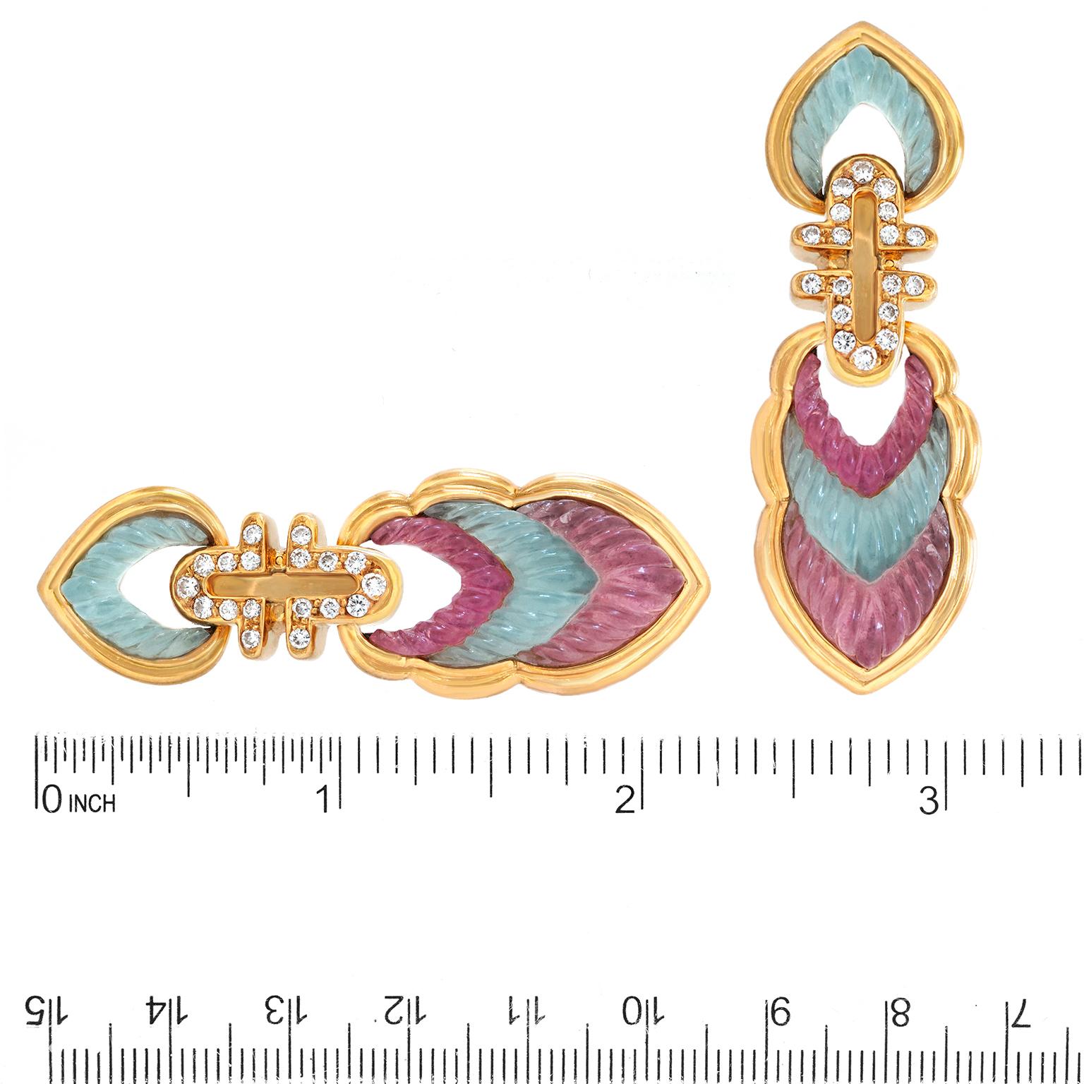 Women's Carved Aquamarine, Tourmaline, and Diamond Earrings