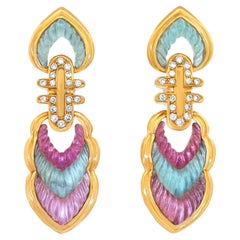 Boucles d'oreilles en aigue-marine, tourmaline et diamant sculptés