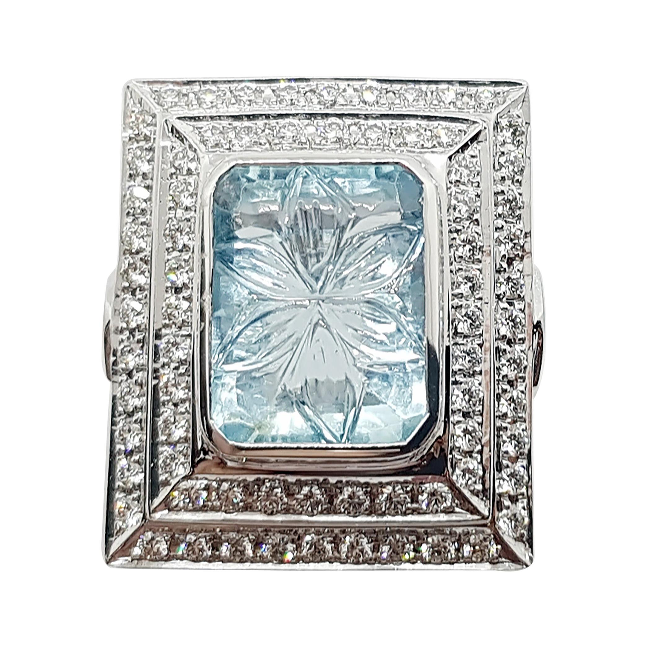 Carved Aquamarine with Diamond Ring Set in 18 Karat White Gold Settings For Sale